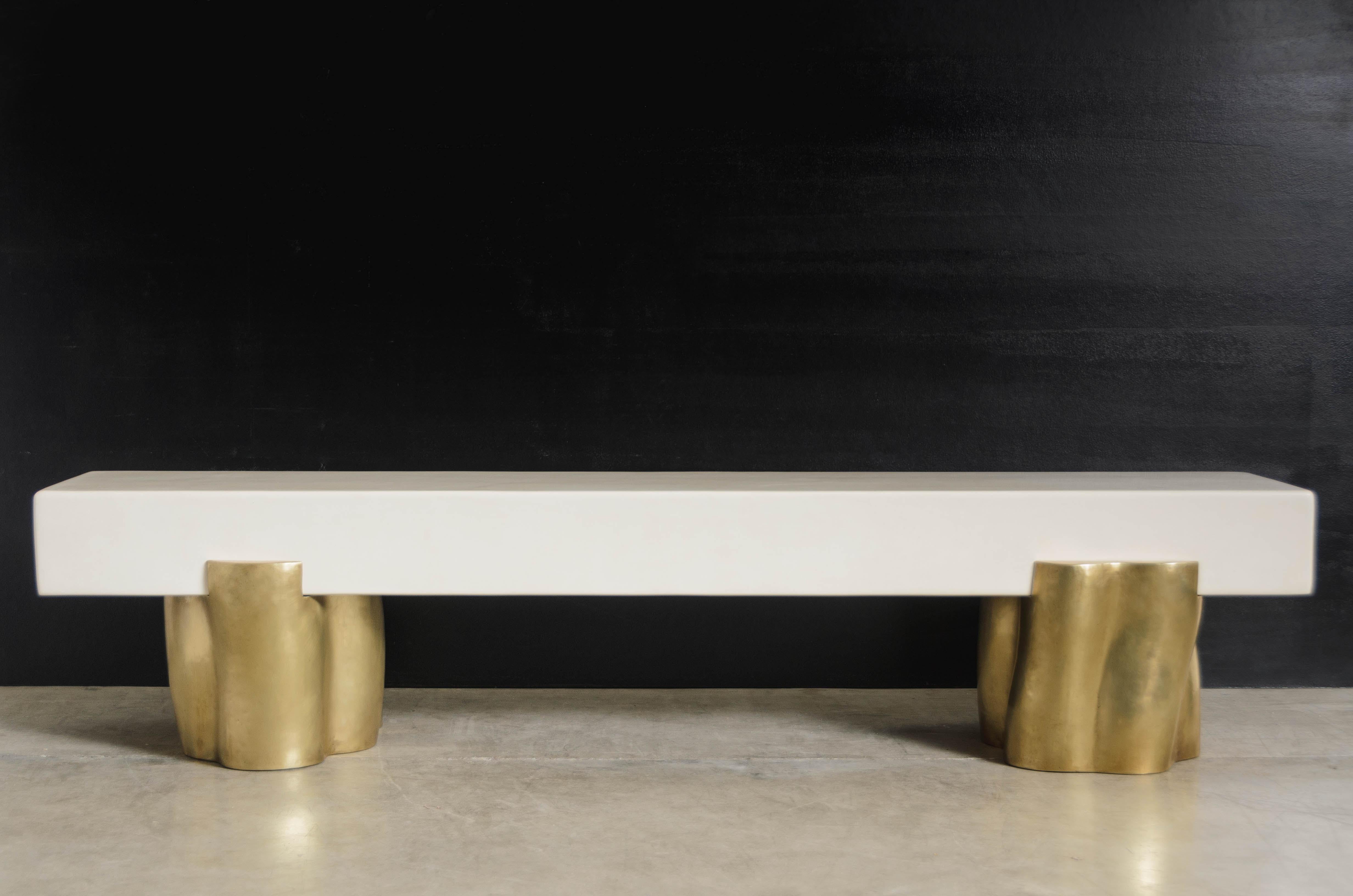 Contemporary Brass and Lacquer Root Bench by Robert Kuo, Limited Edition In New Condition For Sale In Los Angeles, CA