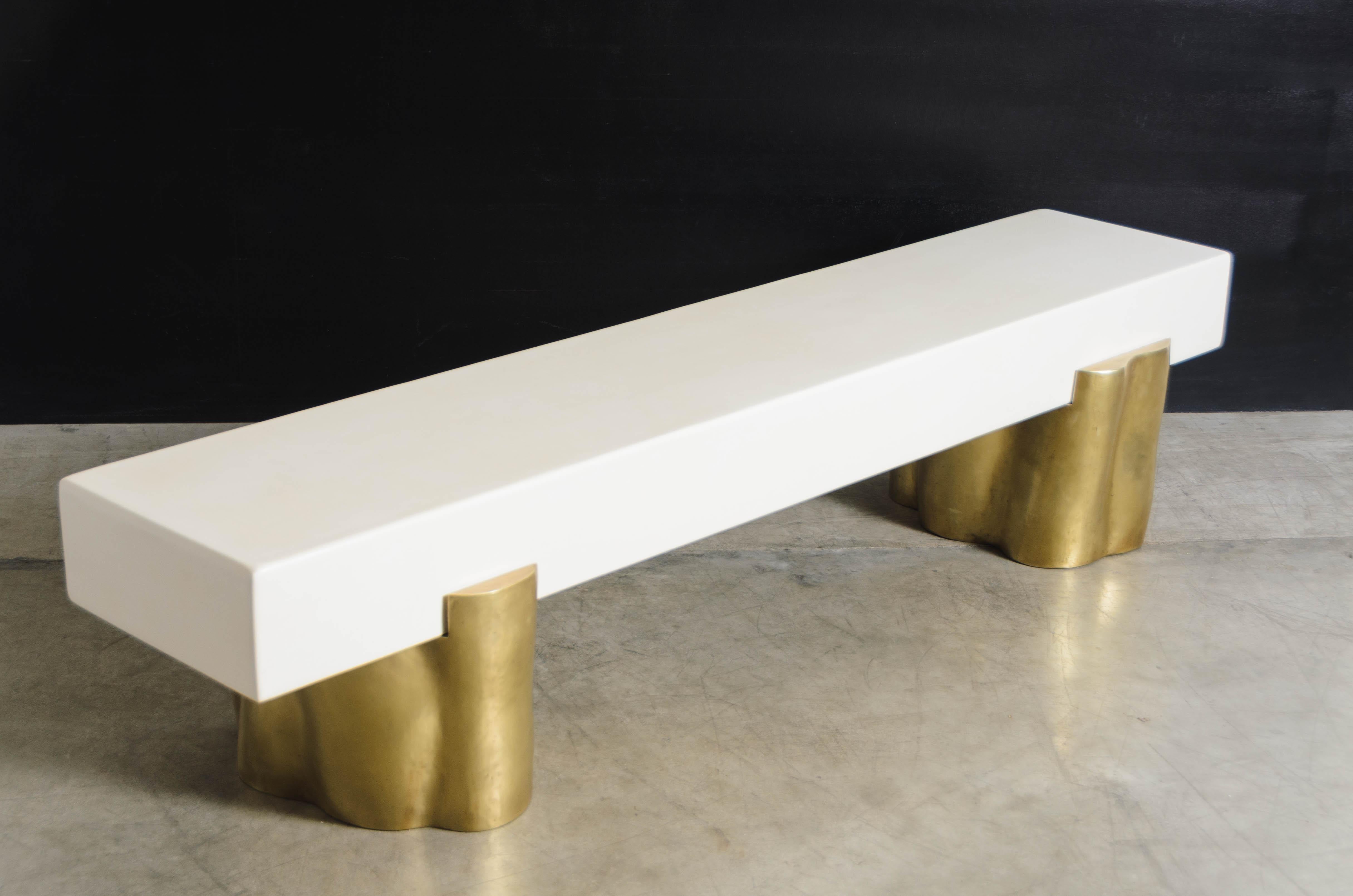 Contemporary Brass and Lacquer Root Bench by Robert Kuo, Limited Edition For Sale 1