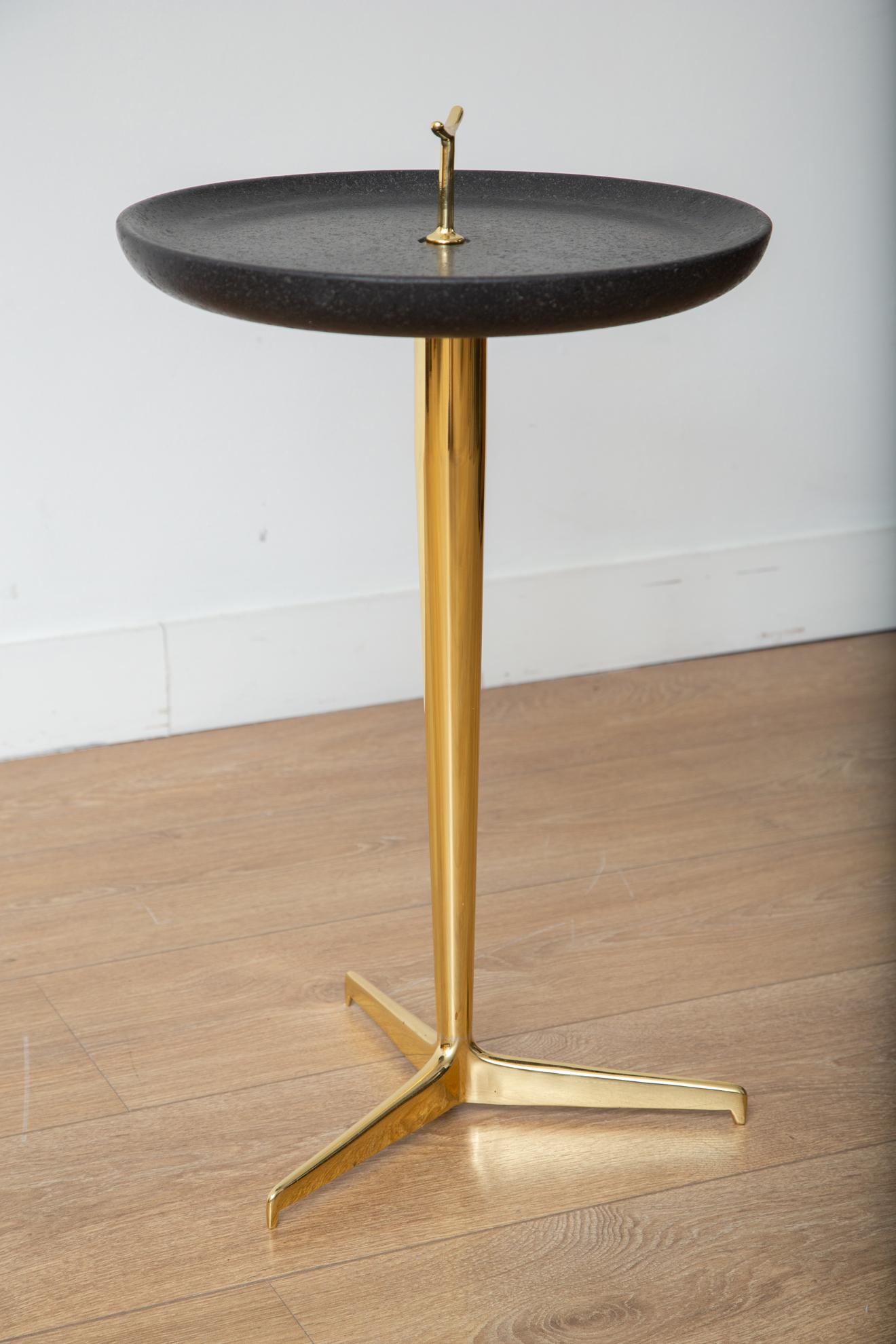 Italian Contemporary Brass and Lava Stone Top Drinks Table