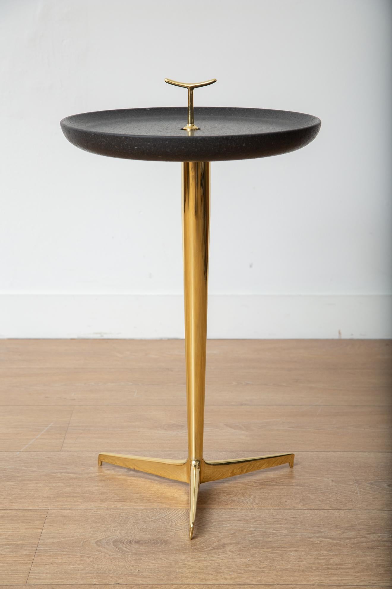 Contemporary Brass and Lava Stone Top Drinks Table In Excellent Condition In Miami, FL