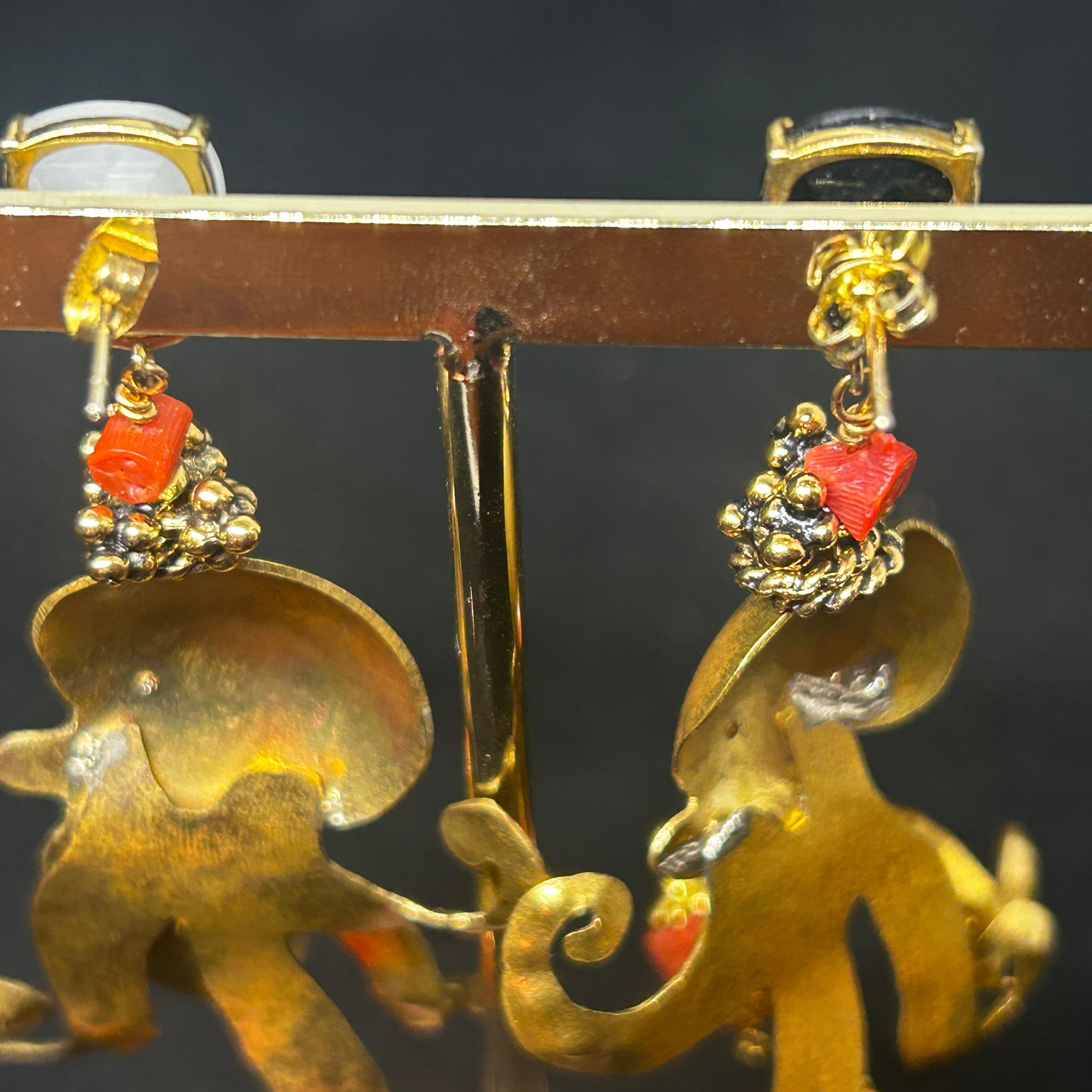 Antique Cushion Cut Contemporary Brass and Mediterranean Coral Octopus Drop Earrings by Almala For Sale