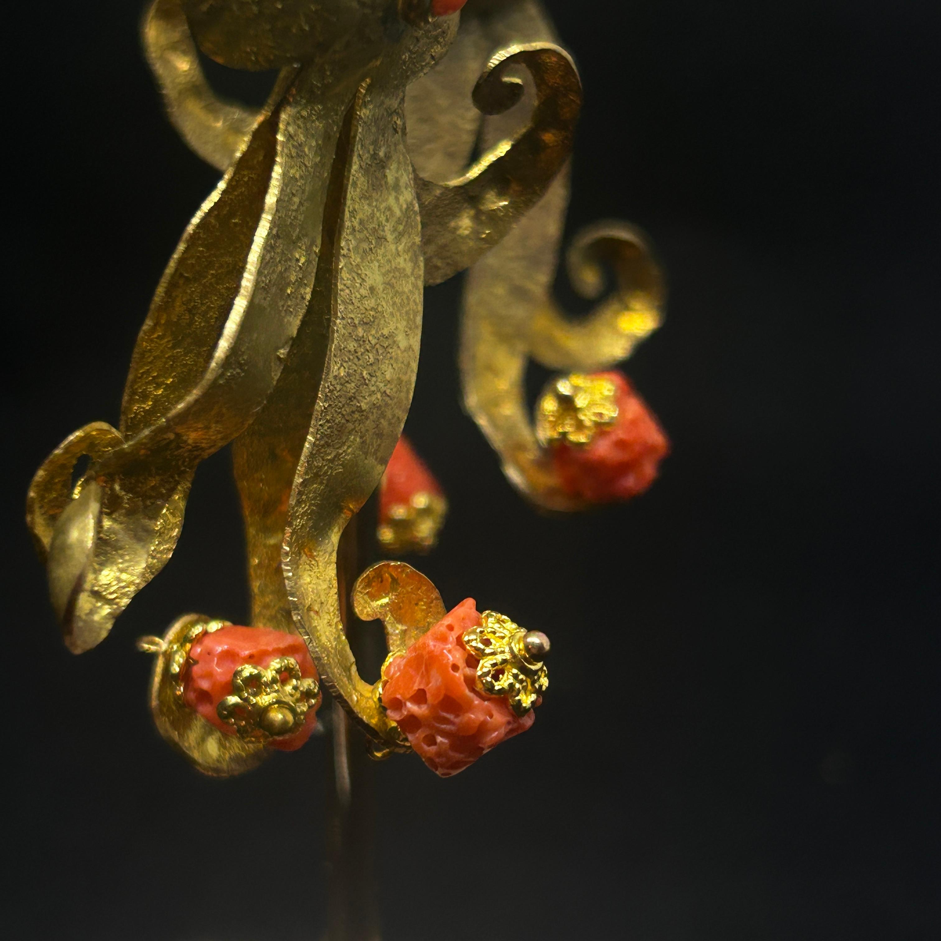 Women's Contemporary Brass and Mediterranean Coral Octopus Drop Earrings by Almala For Sale