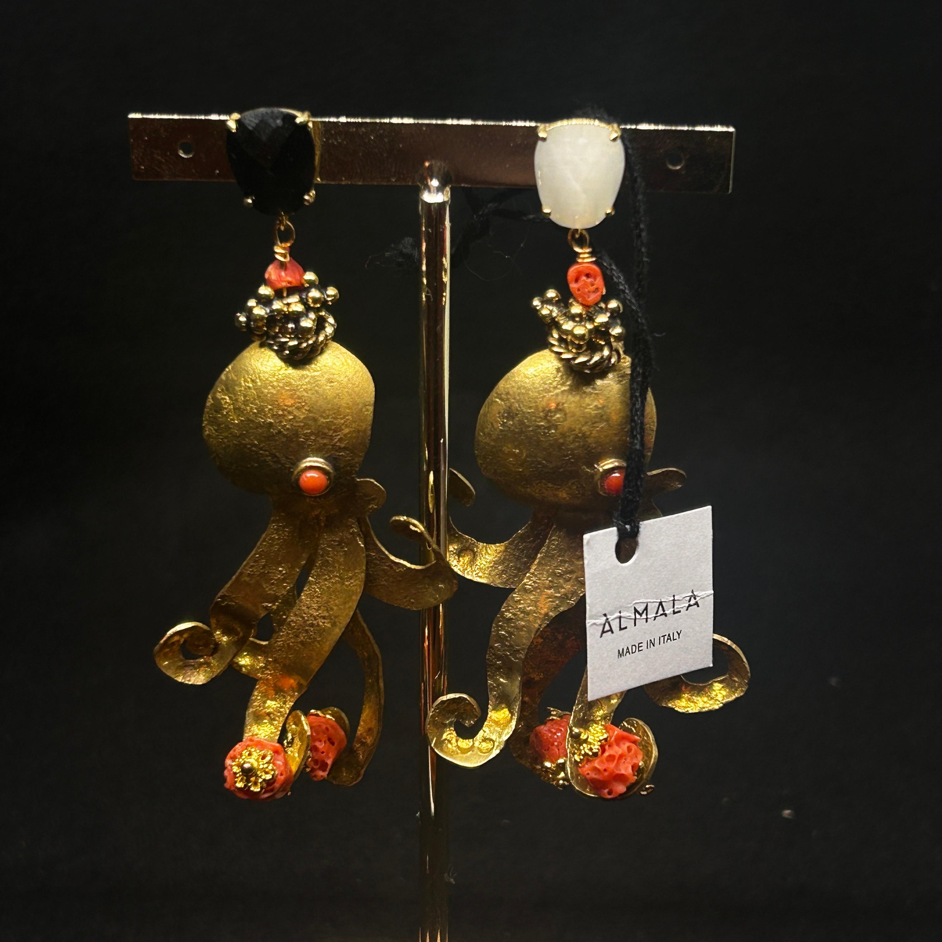 Contemporary Brass and Mediterranean Coral Octopus Drop Earrings by Almala For Sale 1