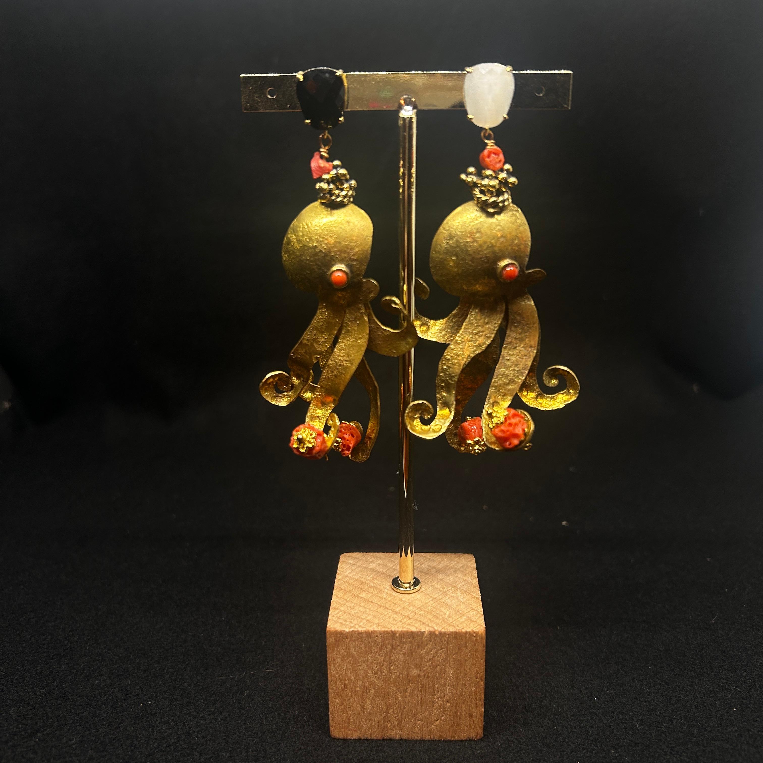 Contemporary Brass and Mediterranean Coral Octopus Drop Earrings by Almala For Sale 2