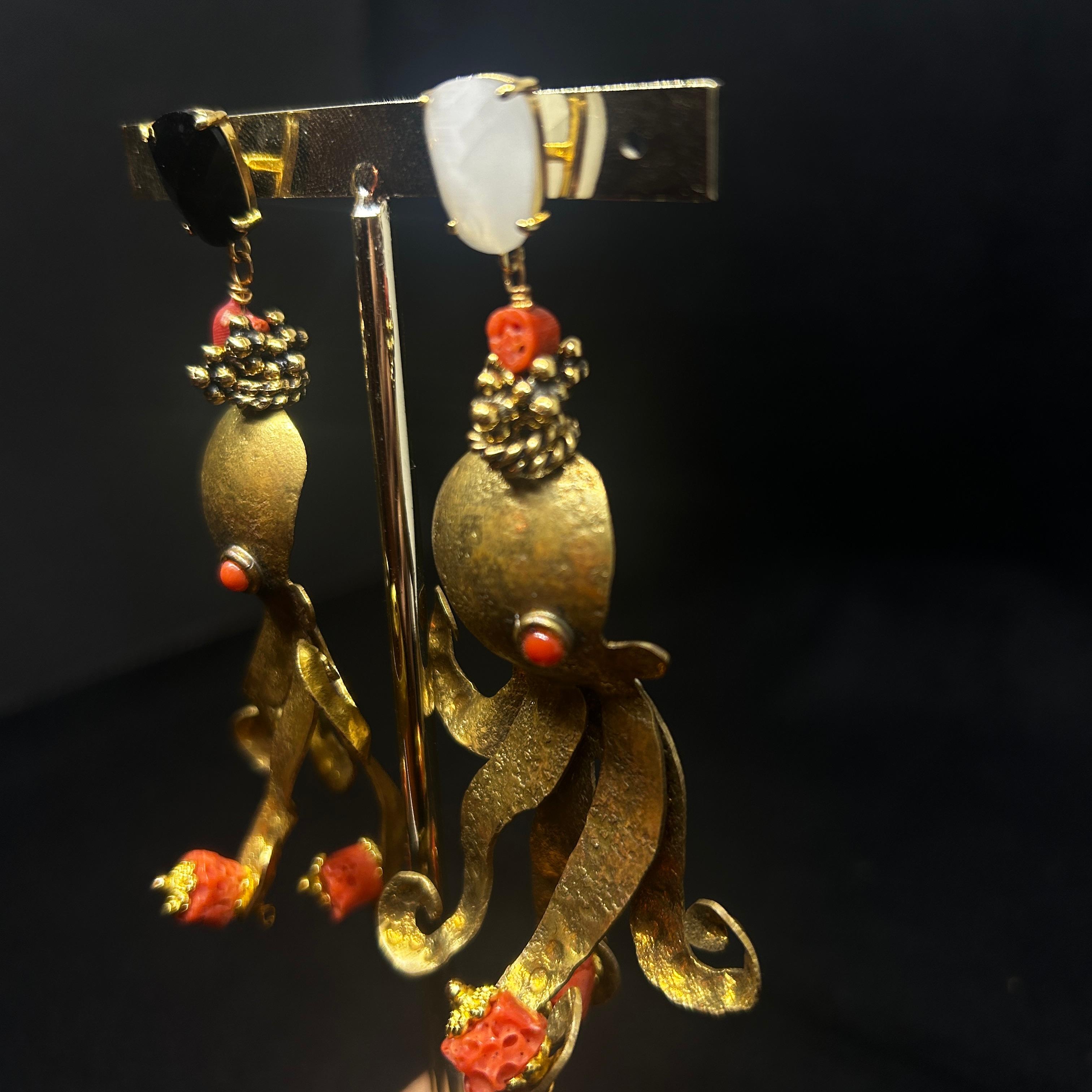 Contemporary Brass and Mediterranean Coral Octopus Drop Earrings by Almala For Sale 3