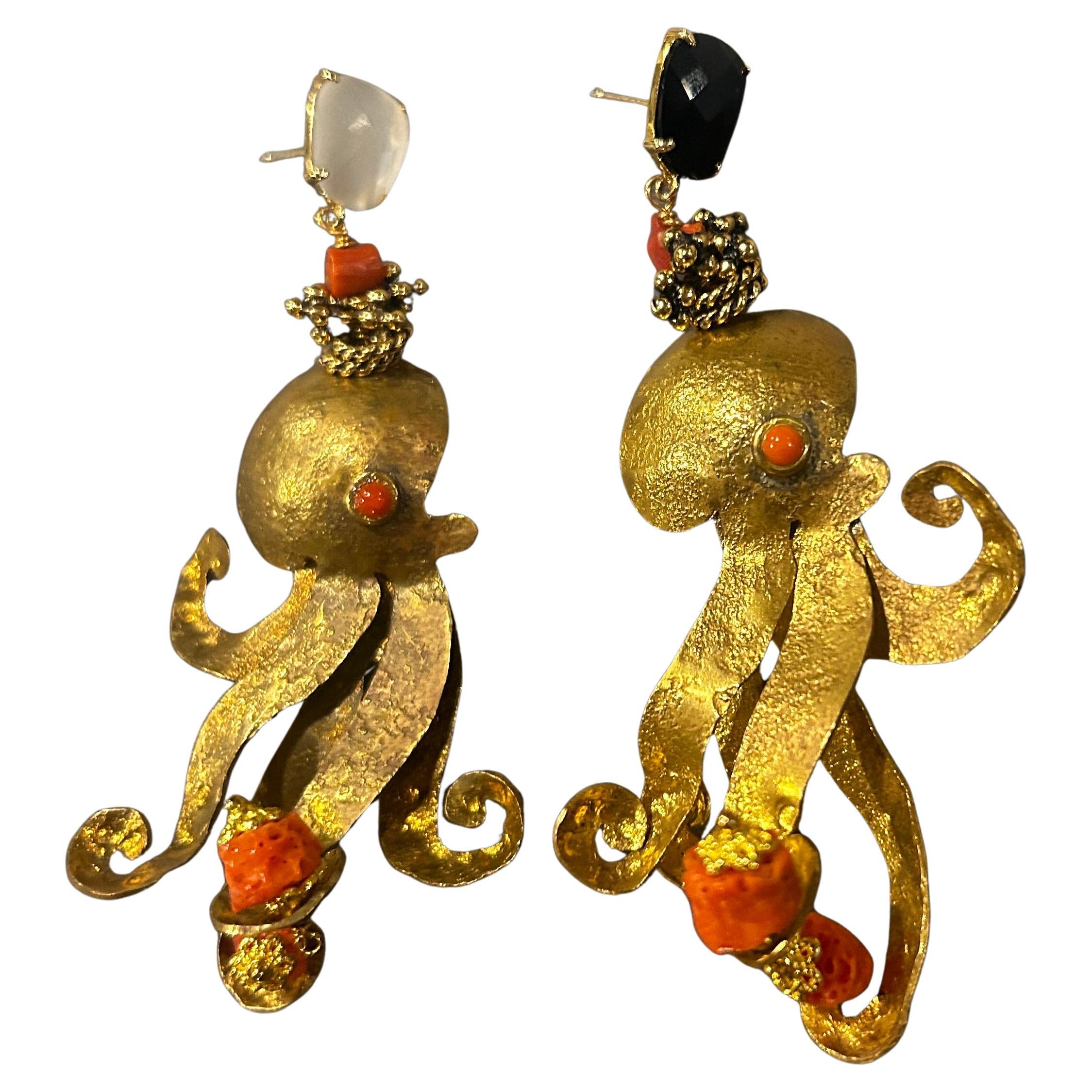 Contemporary Brass and Mediterranean Coral Octopus Drop Earrings by Almala For Sale