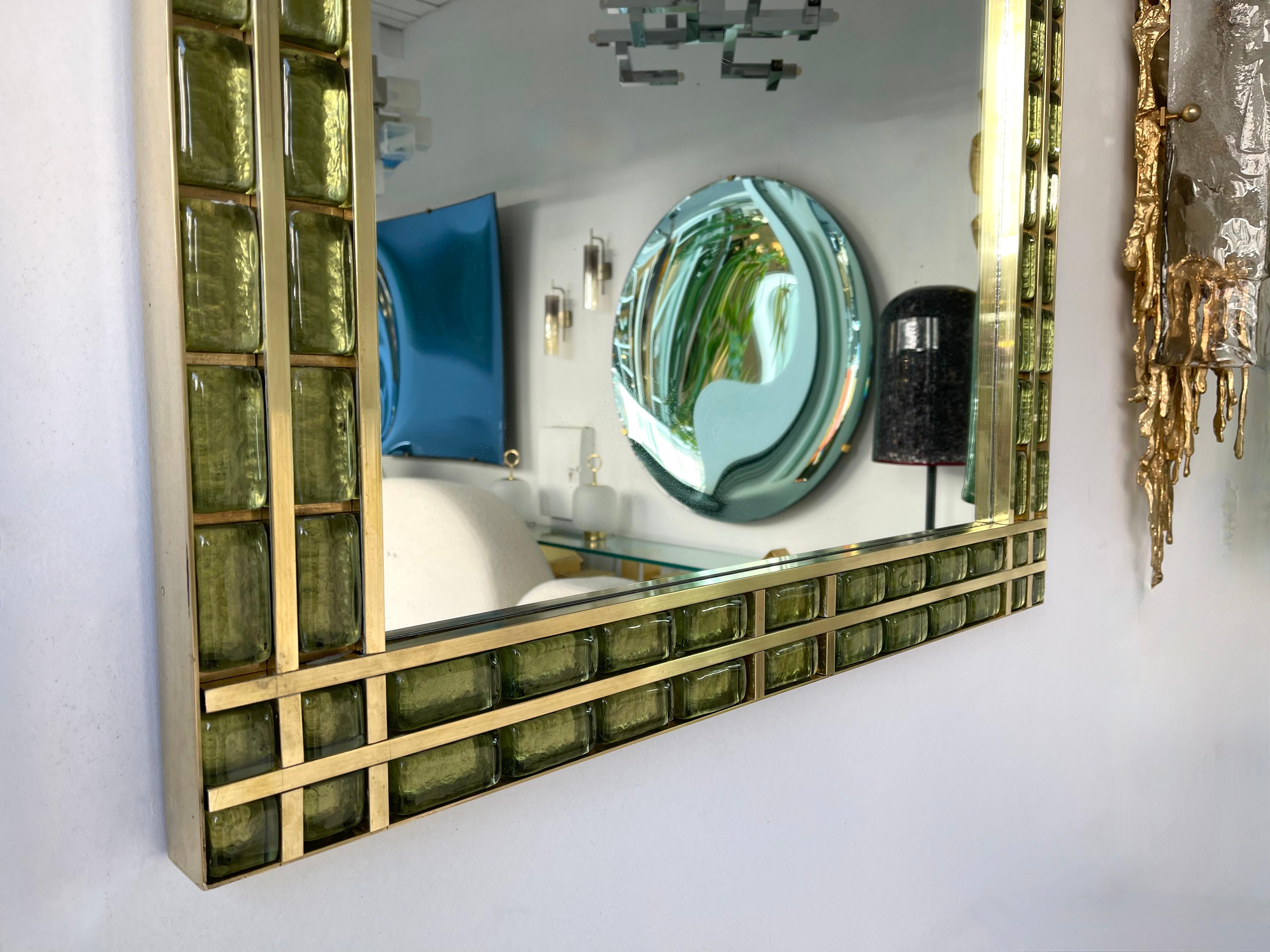 Contemporary Brass and Murano Glass Cabochon Mirror, Italy 3
