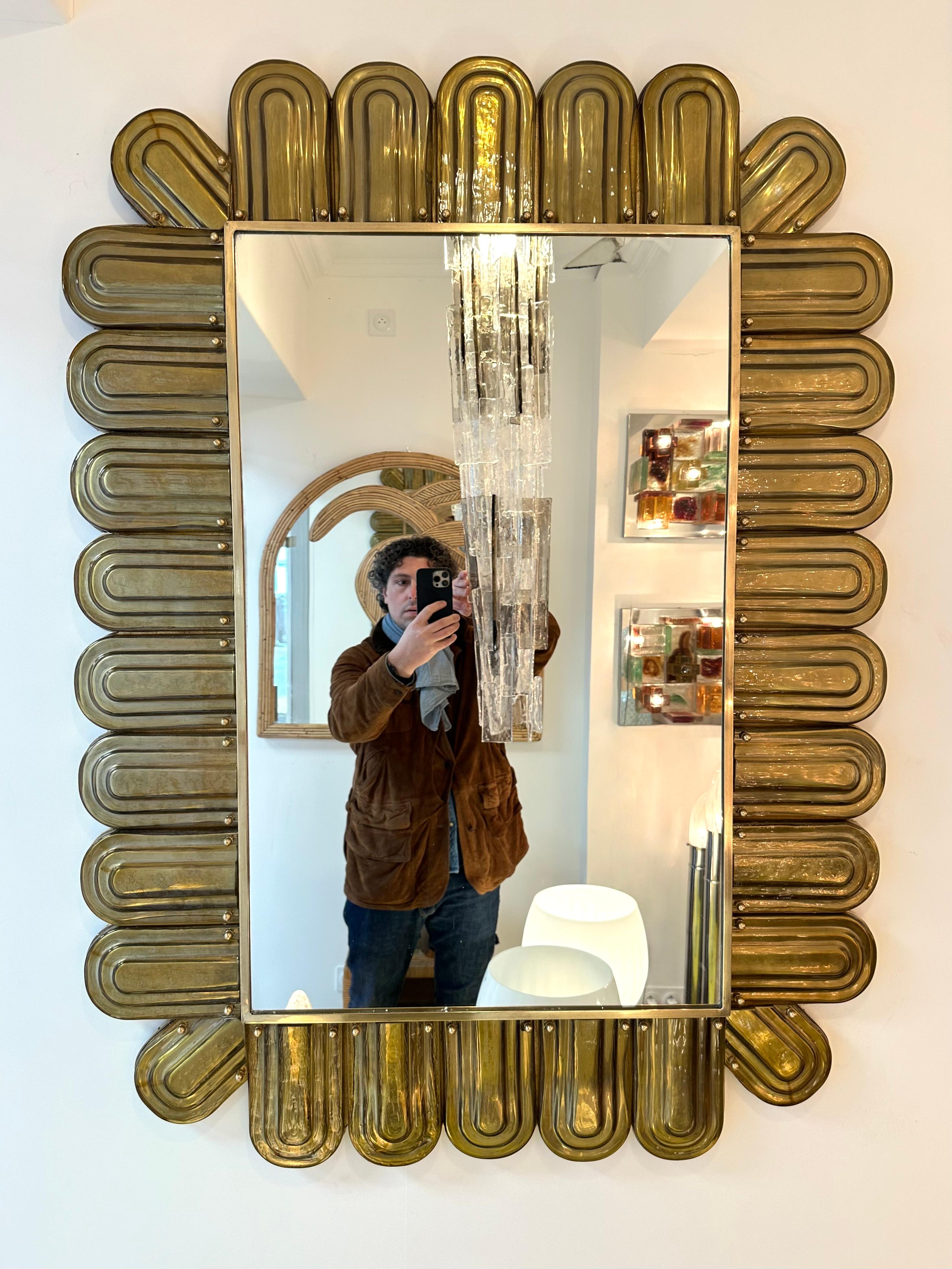 Wall mirror brass and Murano glass. Small artisanal production from an italian design workshop. Can be hang horizontally or vertically.