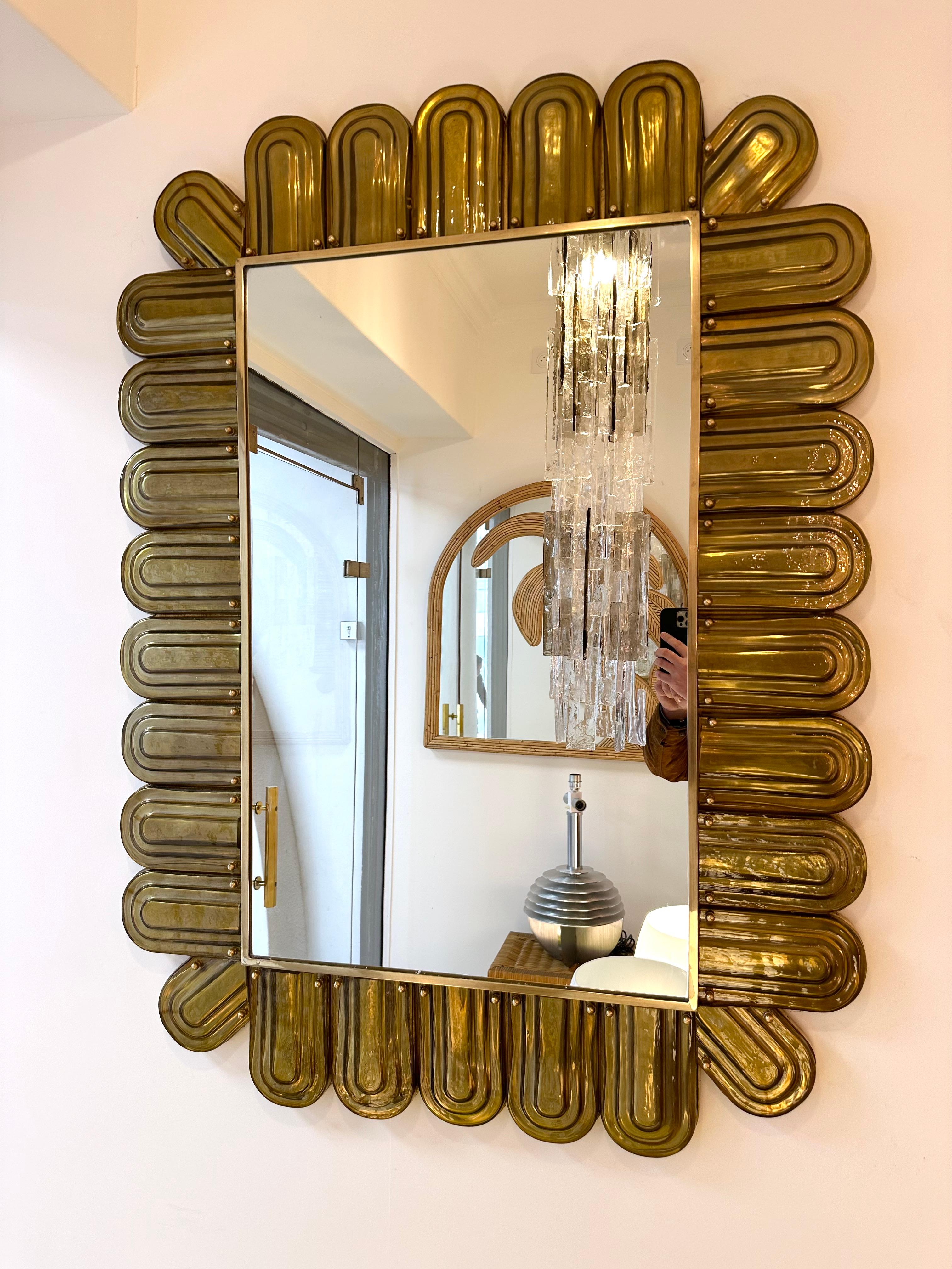 Mid-Century Modern Contemporary Brass and Murano Glass Mirror, Italy For Sale