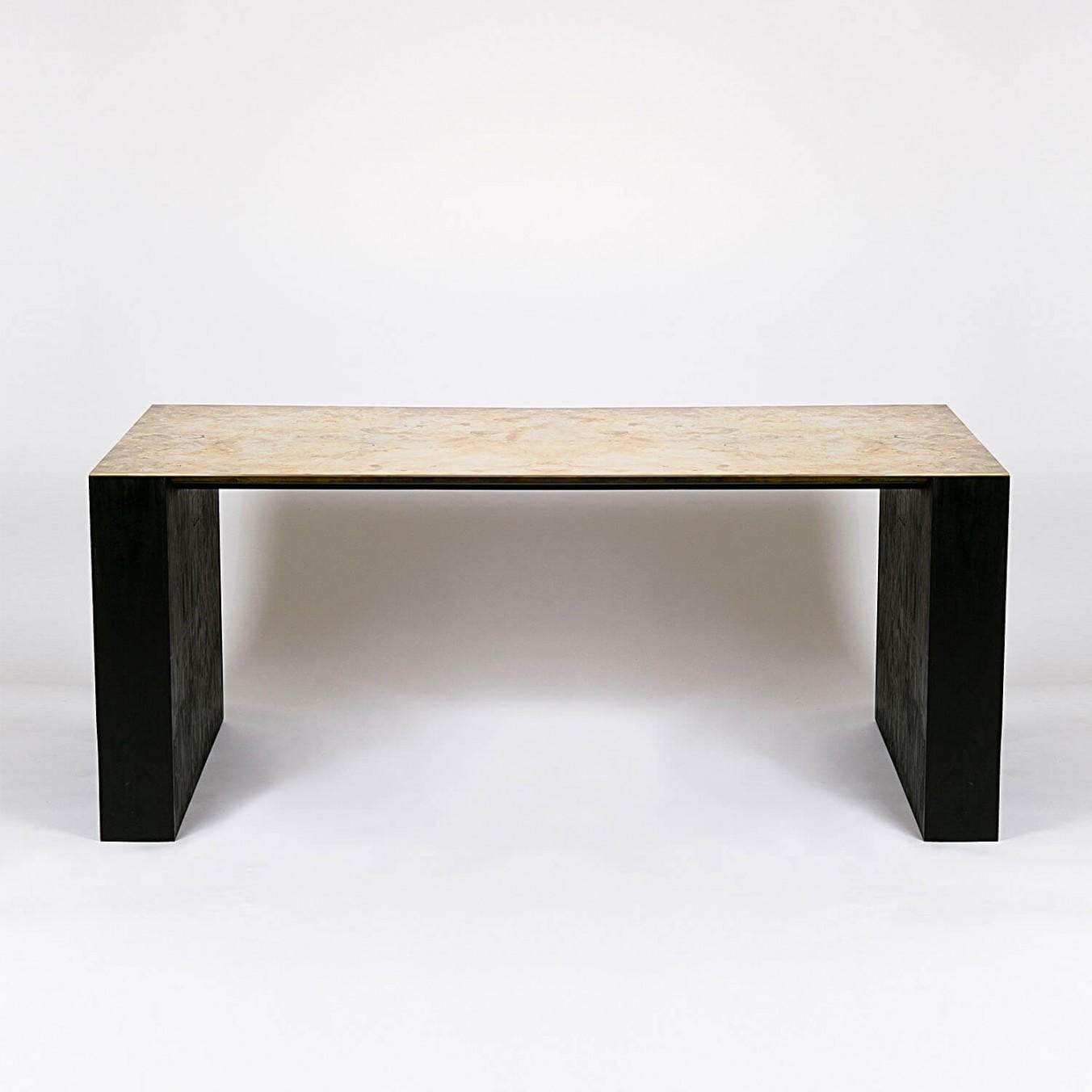 Contemporary brass and plywood table - showroom table by Rick Owens
2007
Dimensions: L 183 x W 83 x H 75 cm
Materials: brass, plywood
Weight: 77 kg

Rick Owens is a California-born fashion and furniture has developed a unique style that he