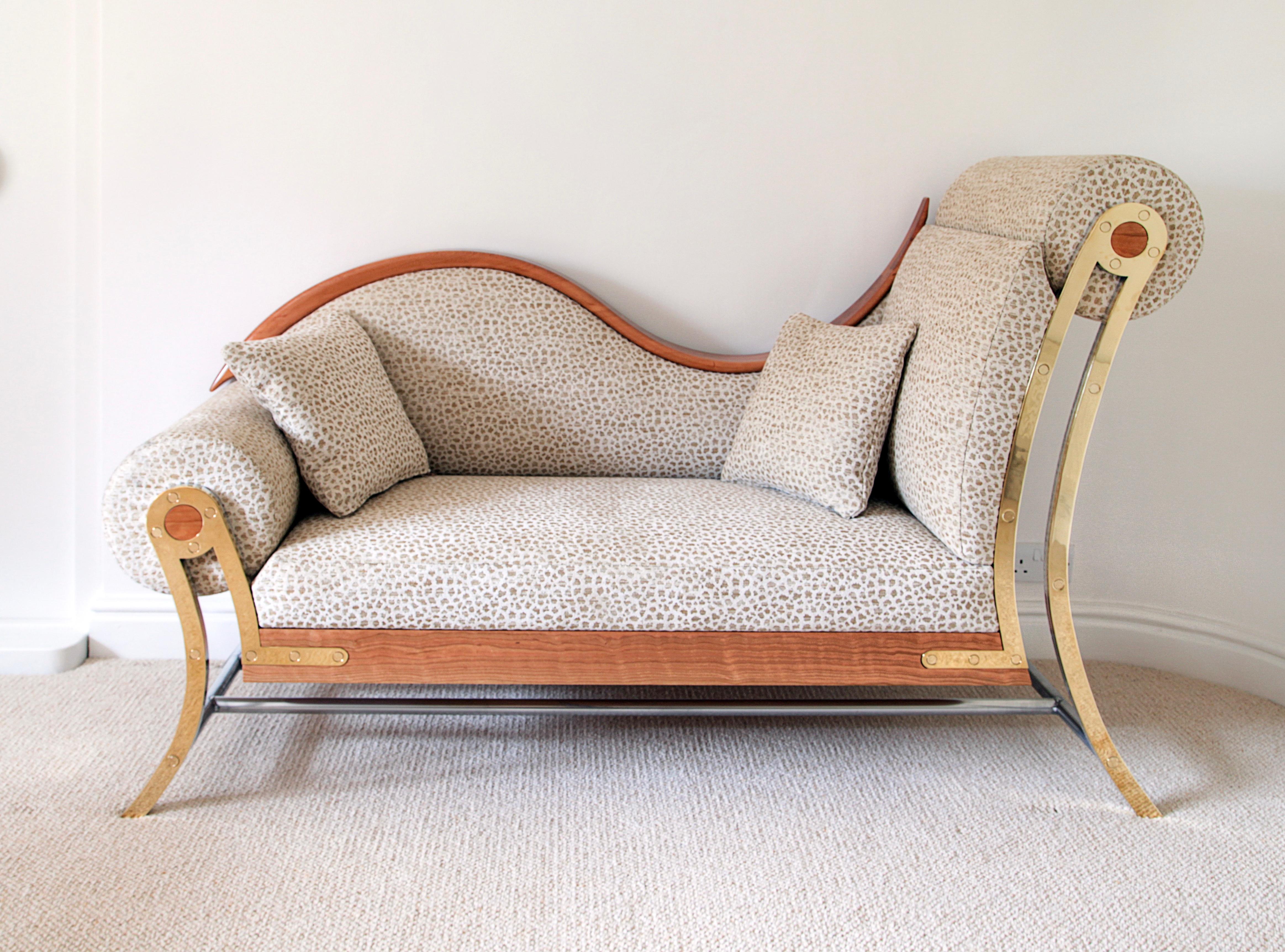 This made to order Chaise Lounge with its polished brass and aluminium components working in close harmony with the beautiful cotton velvet upholstery and hand crafted American Cherry offers the client the possibility to customise the dimensions,