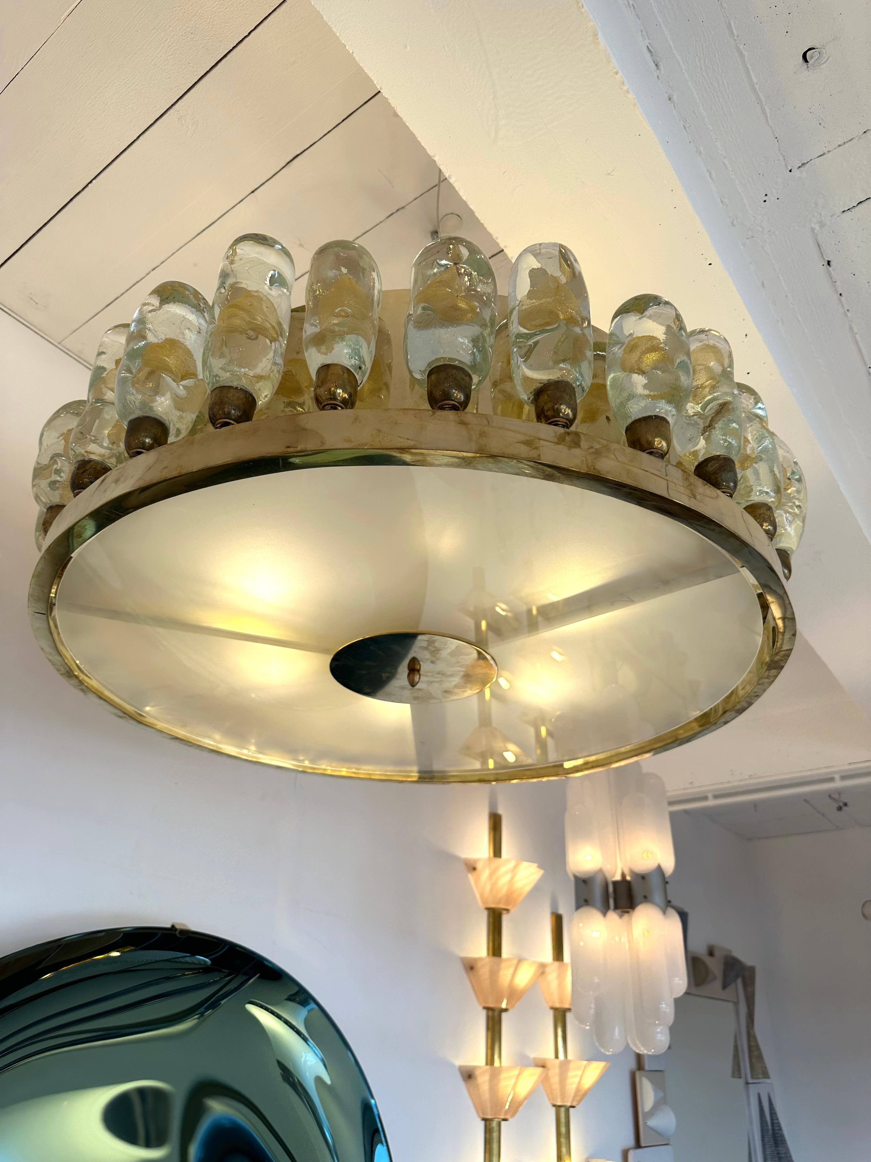 Contemporary Brass Chandelier and Murano Glass Gold Leaf Flame , Italy For Sale 5