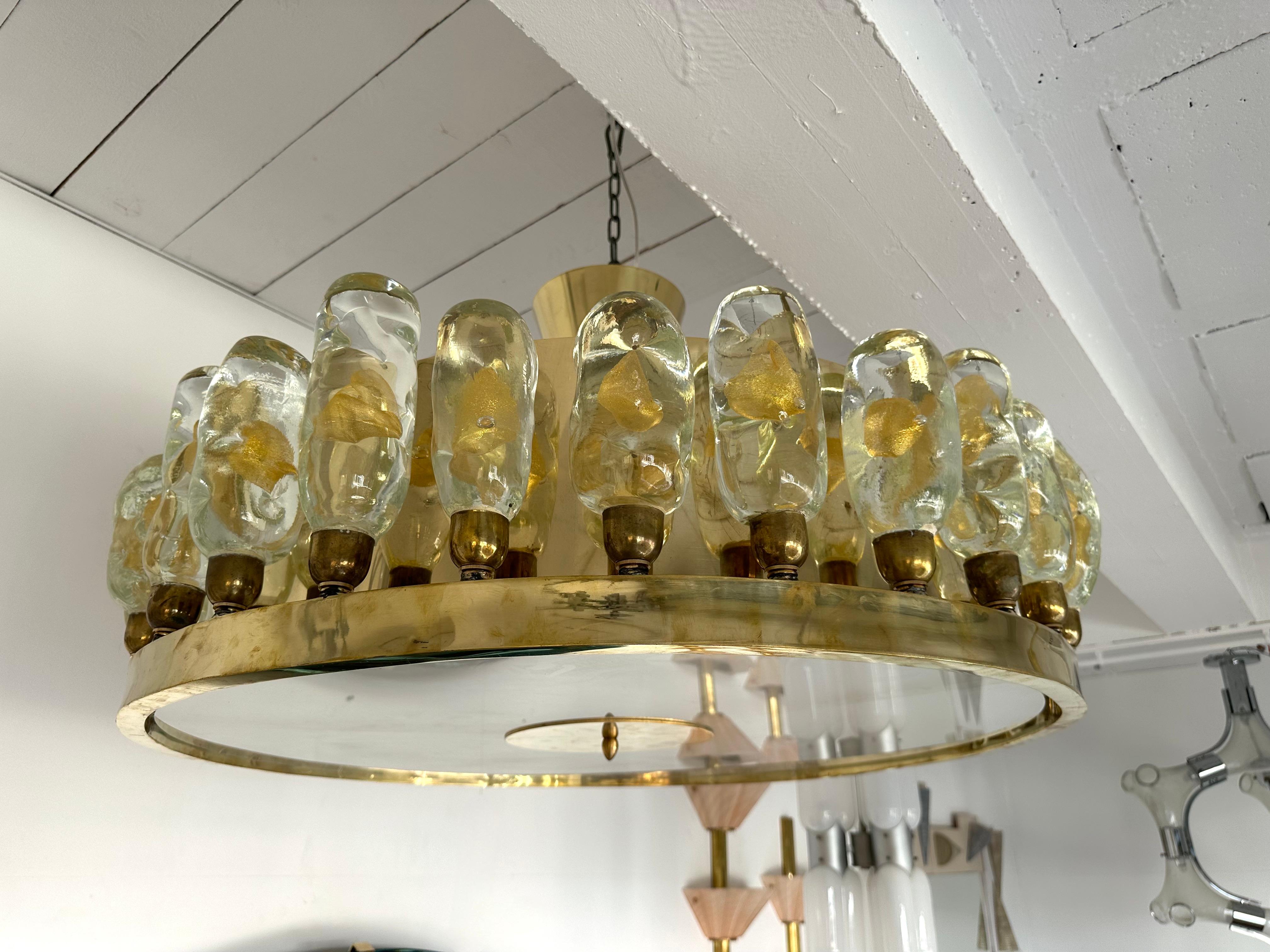Contemporary Brass Chandelier and Murano Glass Gold Leaf Flame , Italy For Sale 6