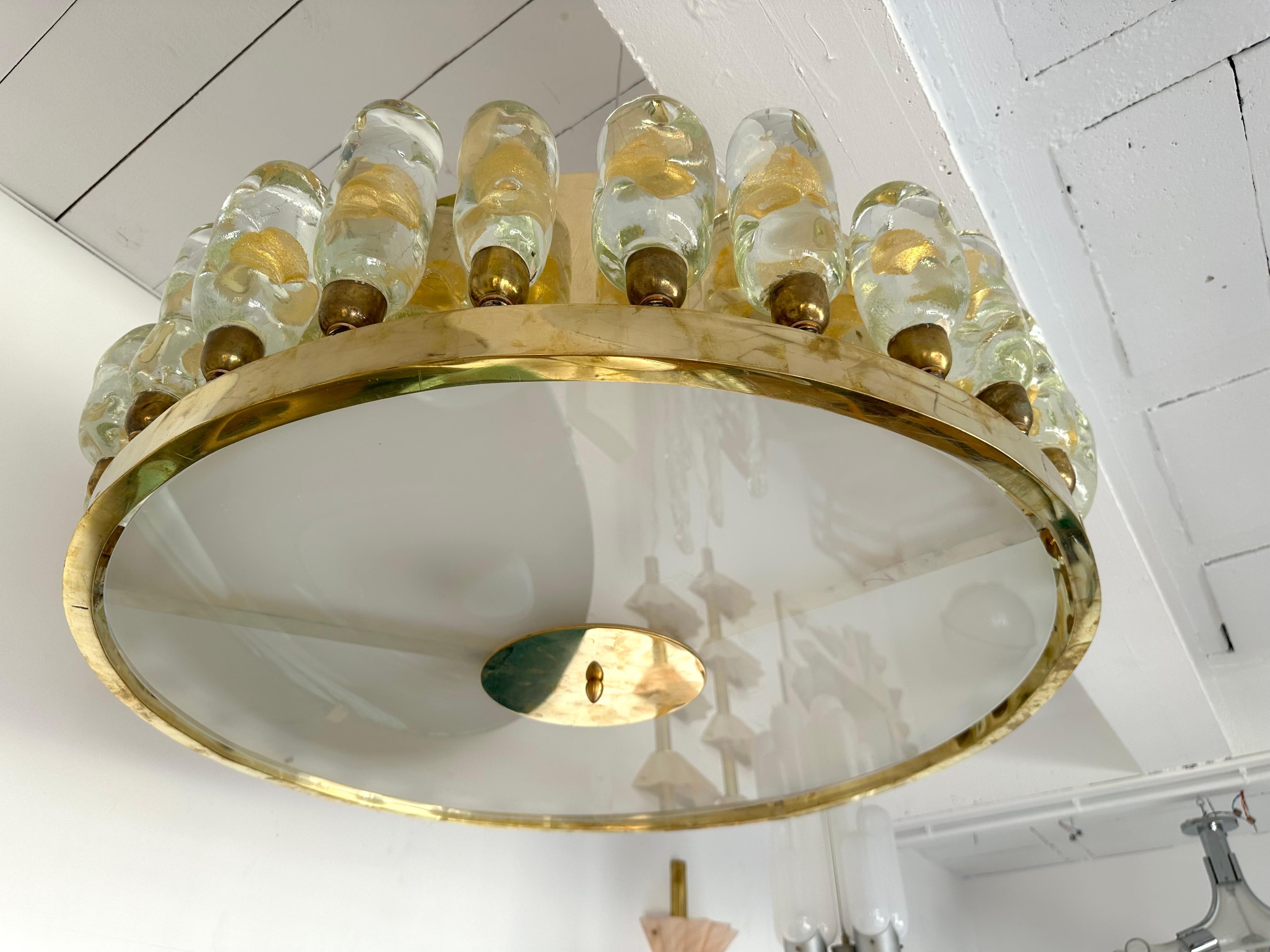 Contemporary Brass Chandelier and Murano Glass Gold Leaf Flame , Italy For Sale 7
