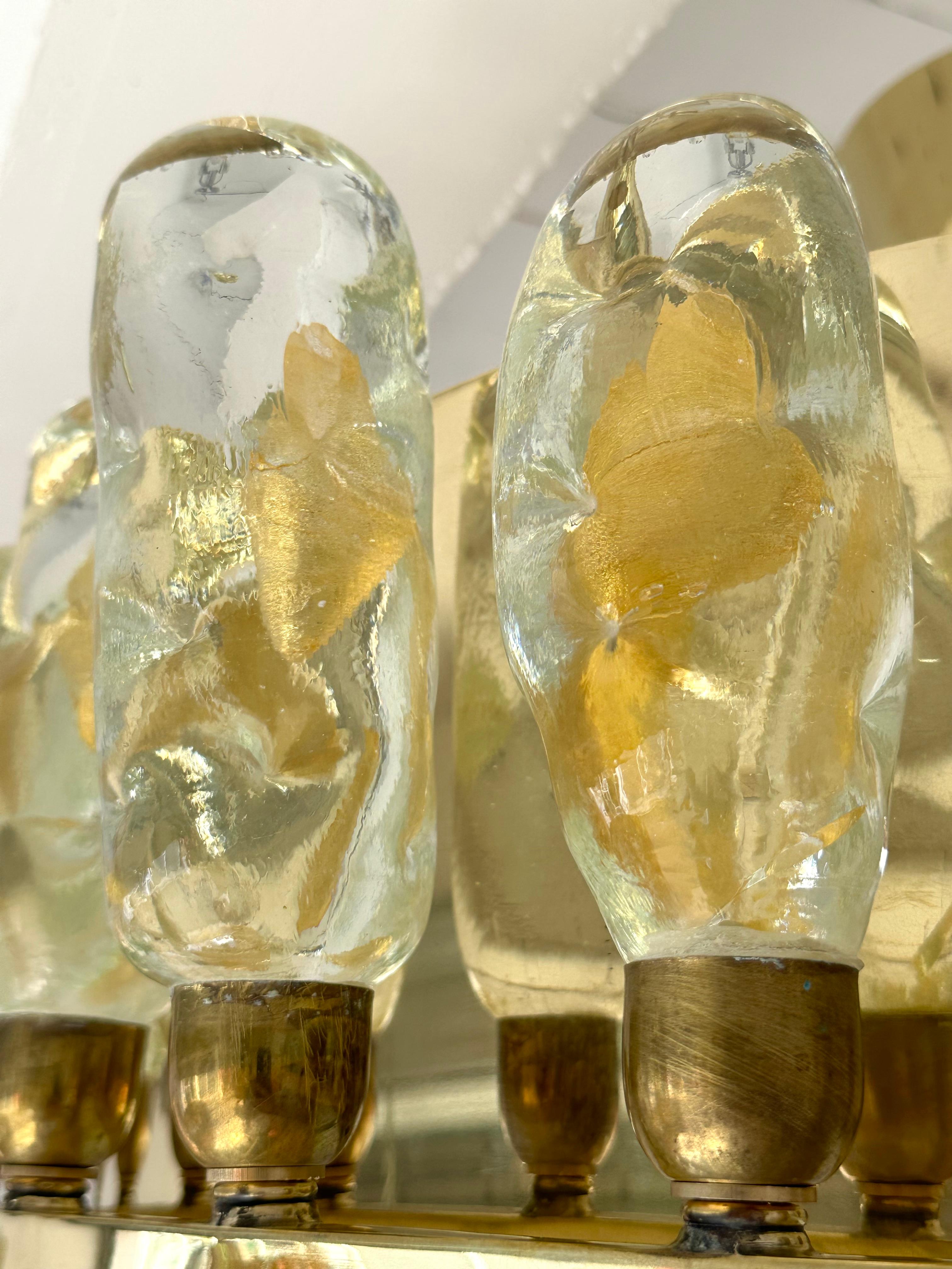 Contemporary Brass Chandelier and Murano Glass Gold Leaf Flame , Italy For Sale 2
