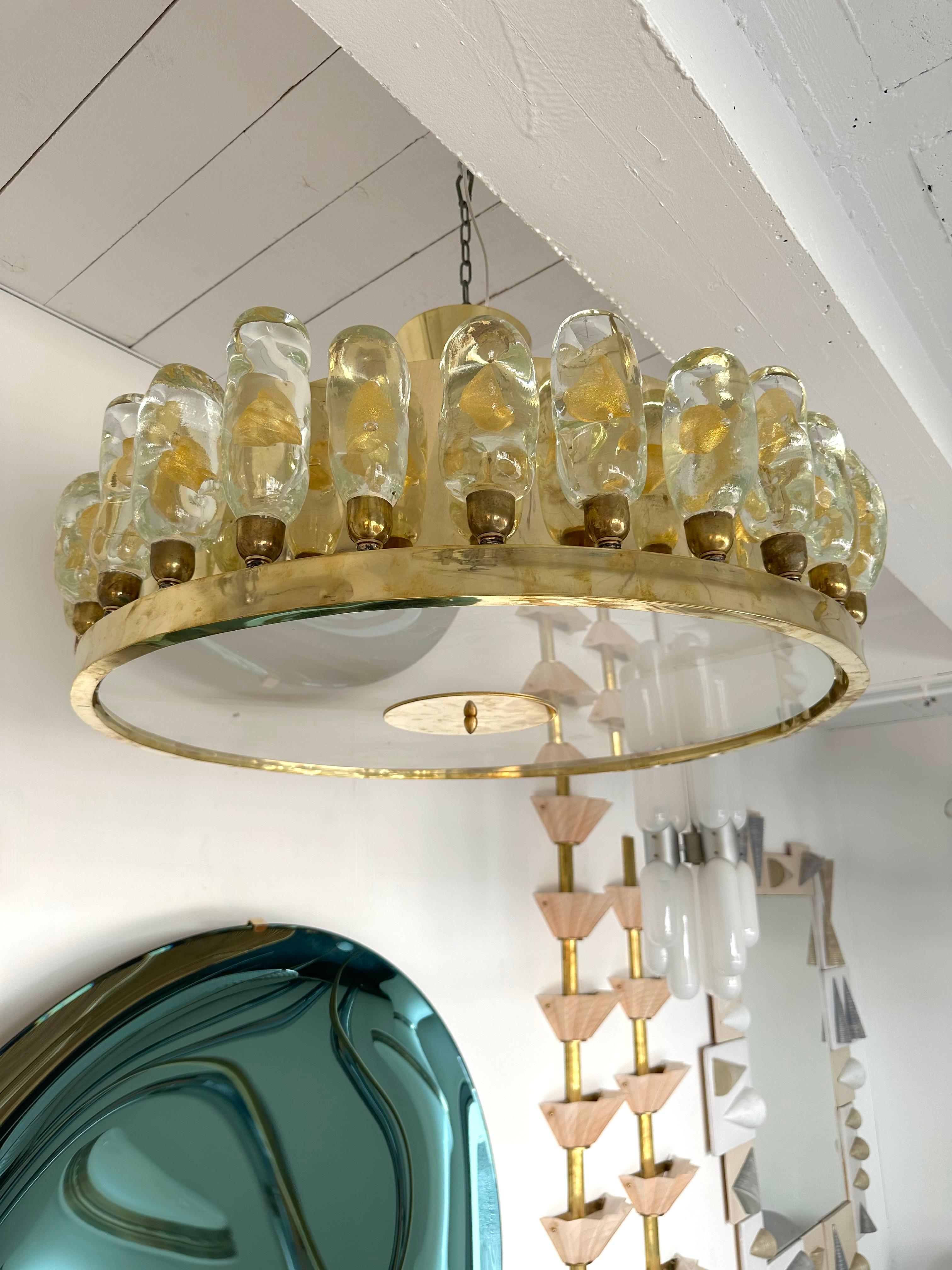 Contemporary Brass Chandelier and Murano Glass Gold Leaf Flame , Italy For Sale 8