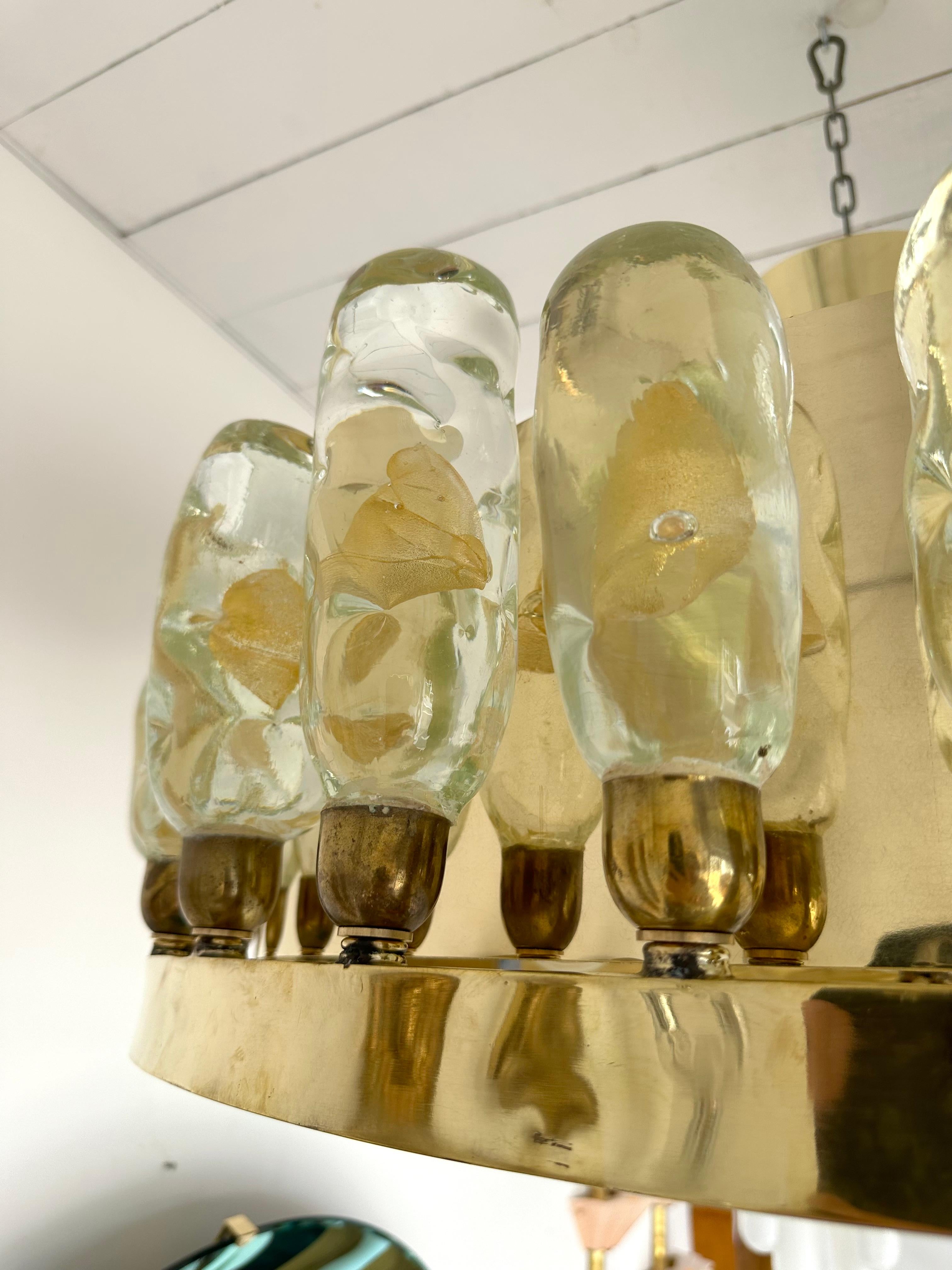 Mid-Century Modern Contemporary Brass Chandelier and Murano Glass Gold Leaf Flame , Italy For Sale