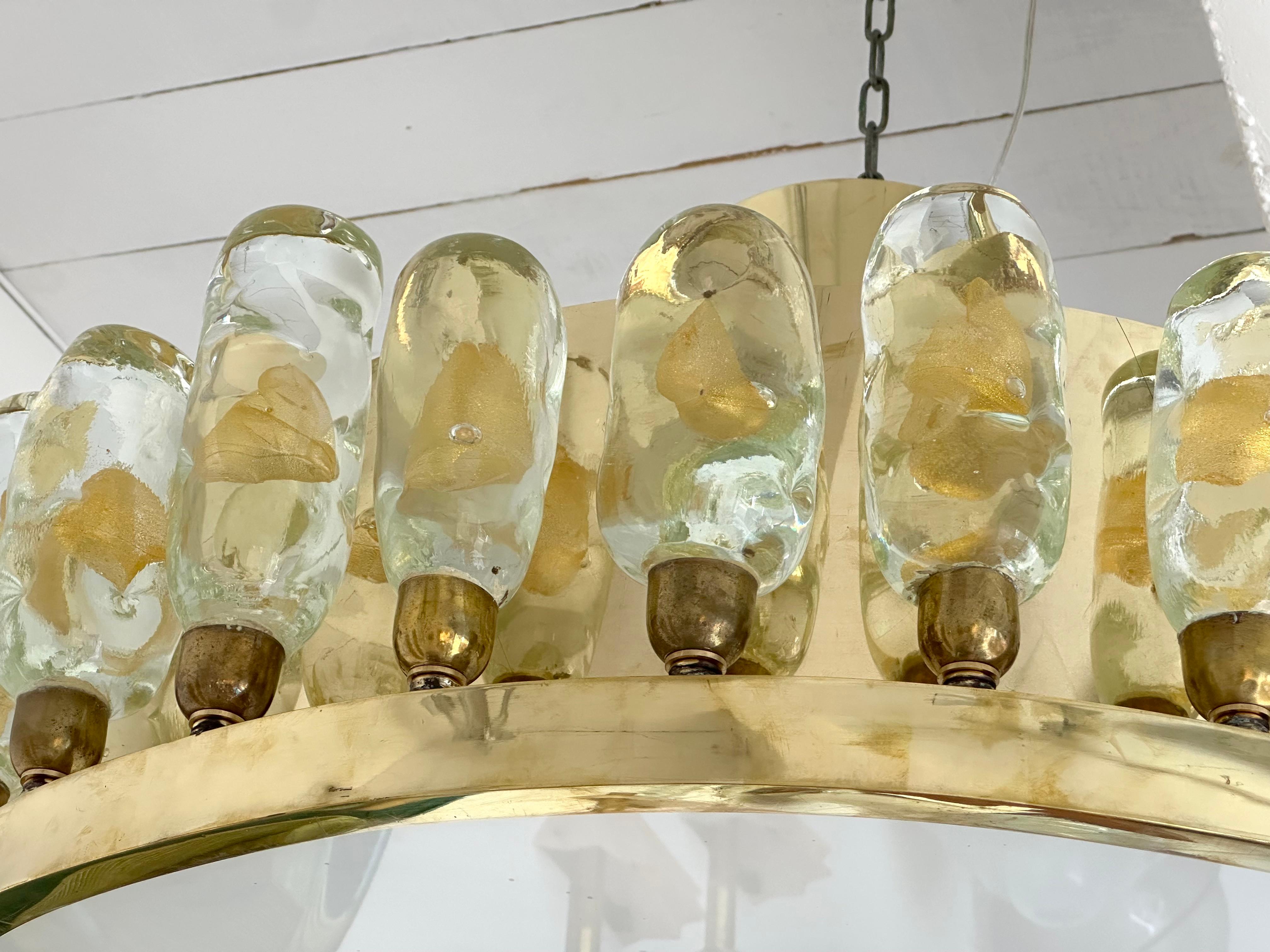 Italian Contemporary Brass Chandelier and Murano Glass Gold Leaf Flame , Italy For Sale