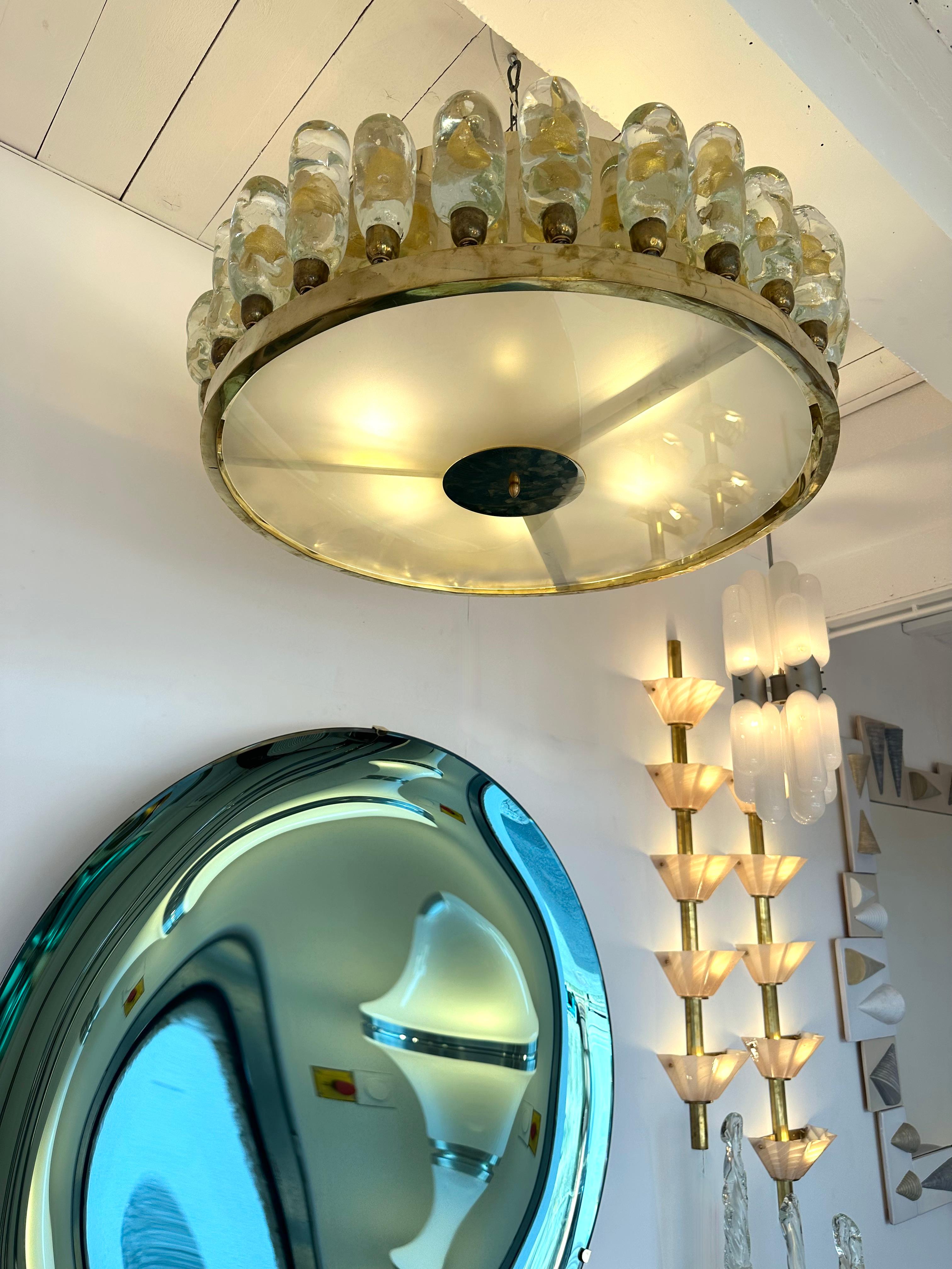 Contemporary Brass Chandelier and Murano Glass Gold Leaf Flame , Italy For Sale 3