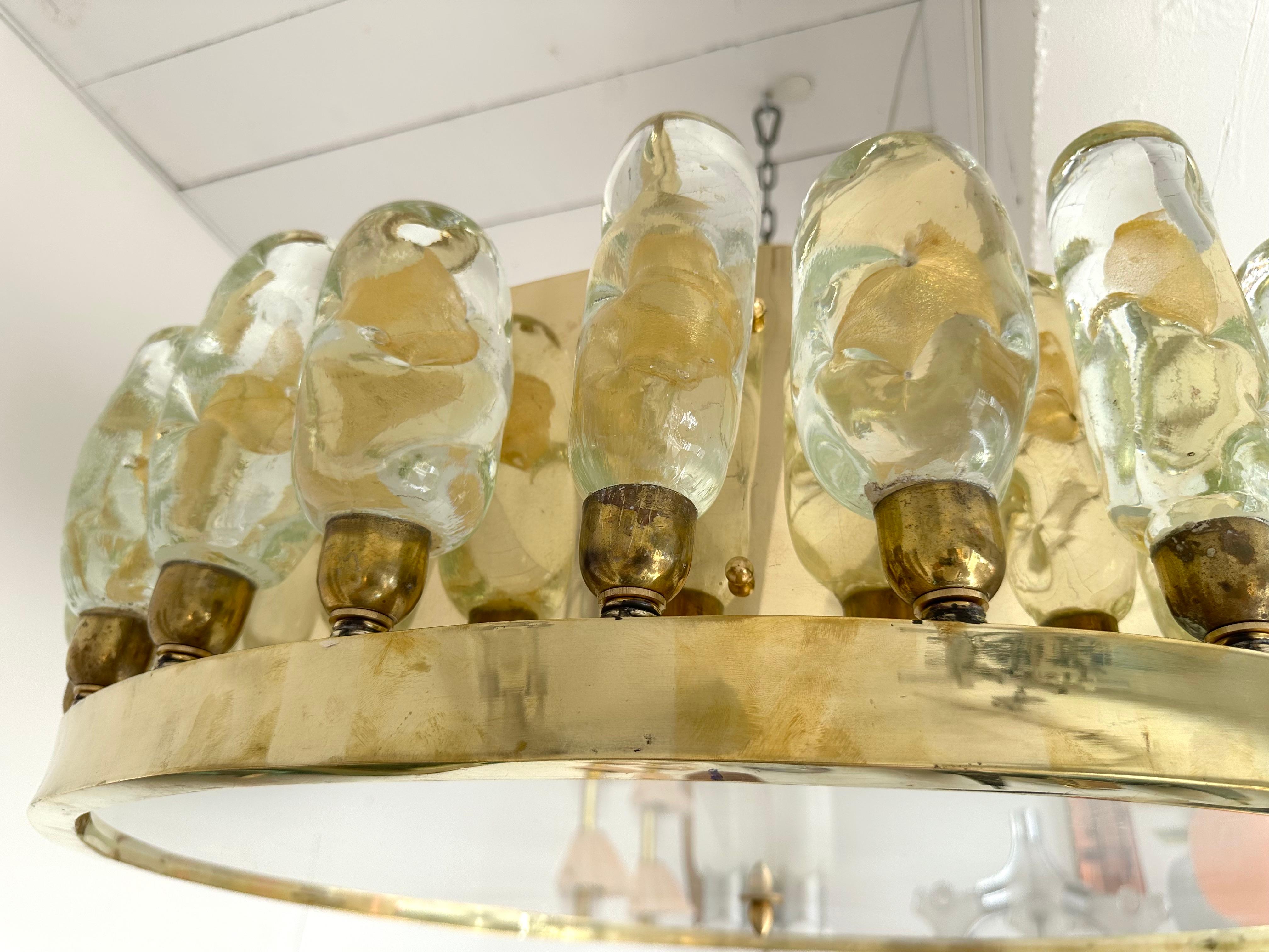 Contemporary Brass Chandelier and Murano Glass Gold Leaf Flame , Italy For Sale 1
