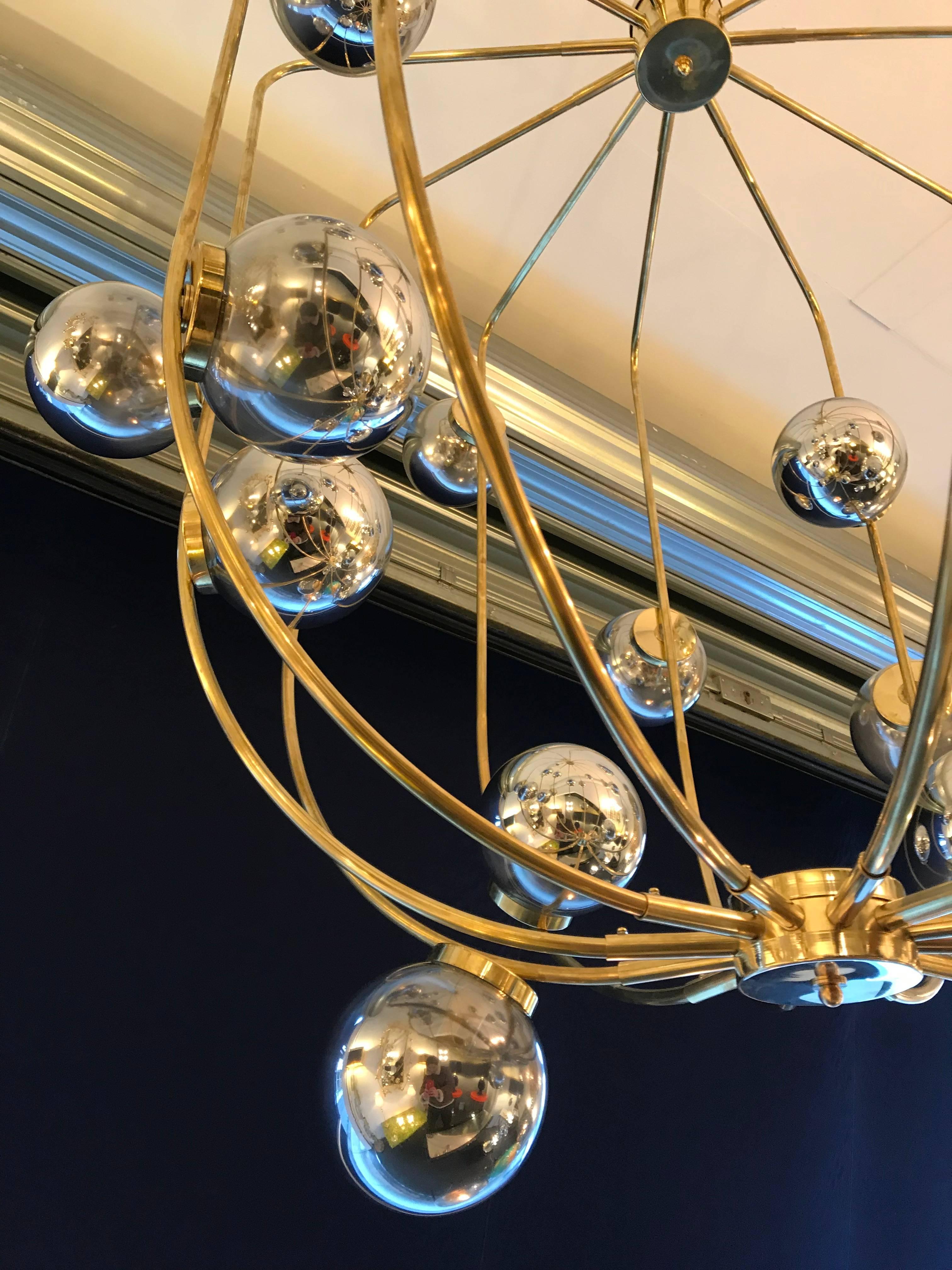Mid-Century Modern Contemporary Brass Chandelier Cage Murano Opaline Ball, Italy
