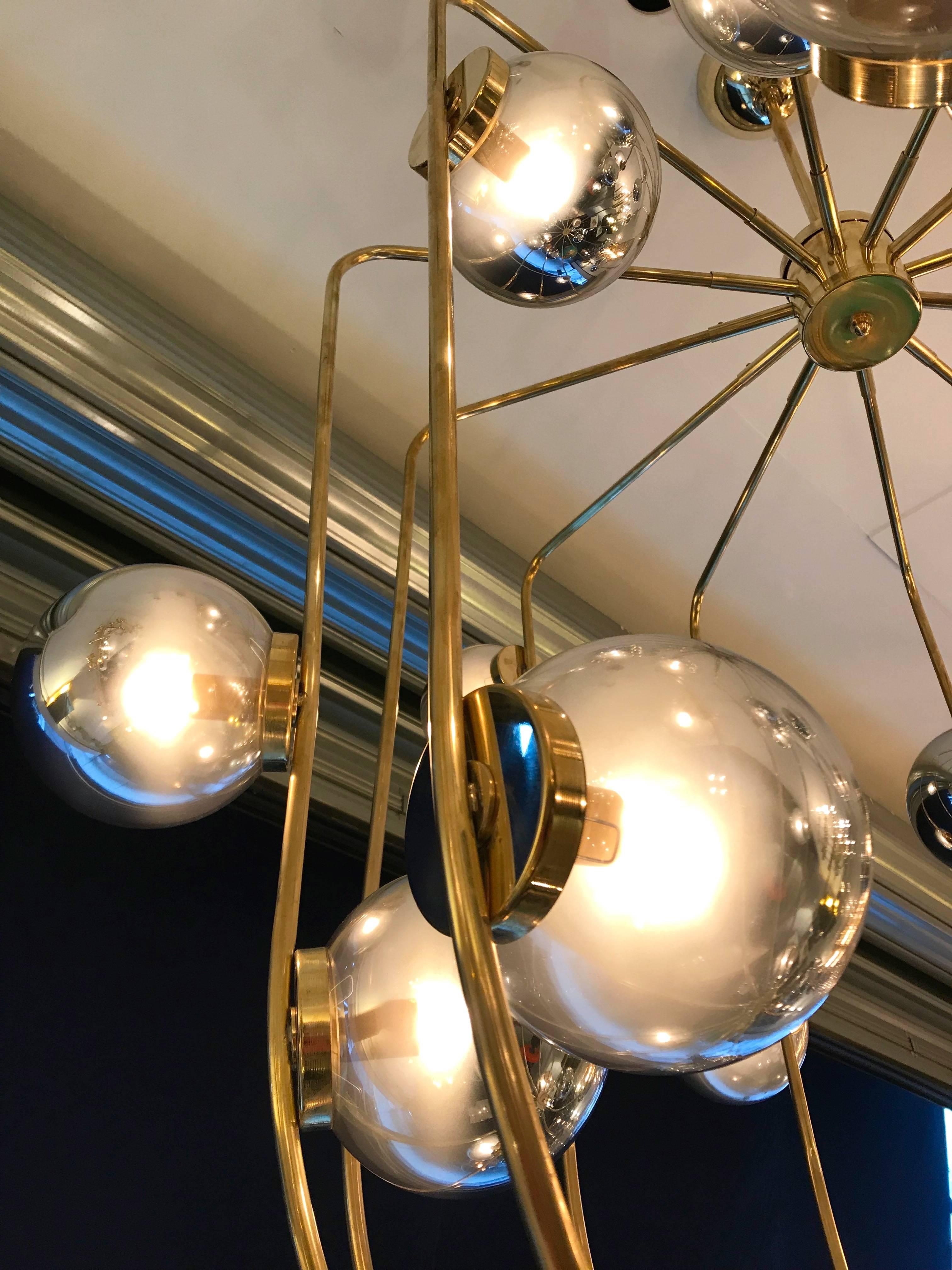 Contemporary Brass Chandelier Cage Murano Opaline Ball, Italy In New Condition In SAINT-OUEN, FR