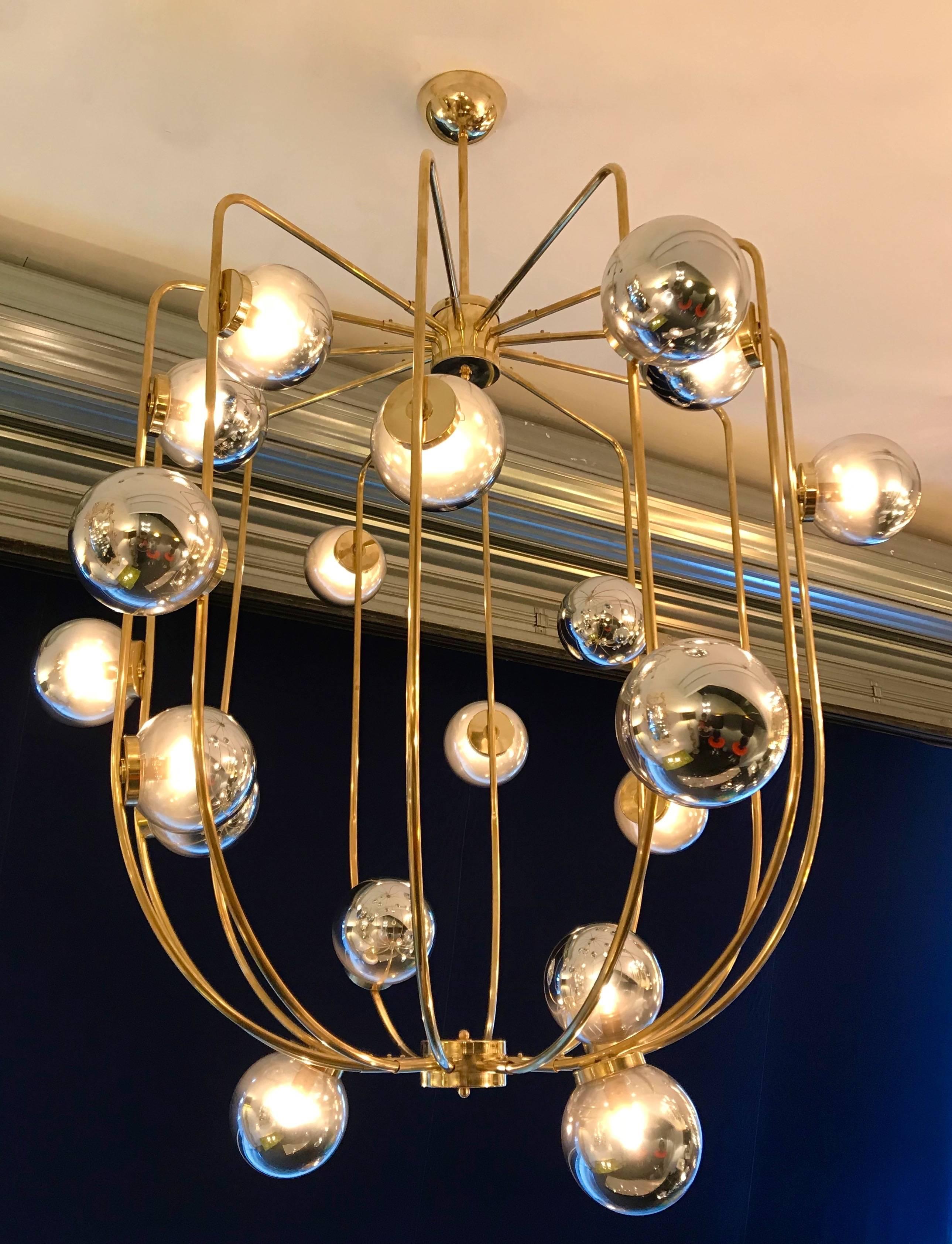 Contemporary Brass Chandelier Cage Murano Opaline Ball, Italy 1