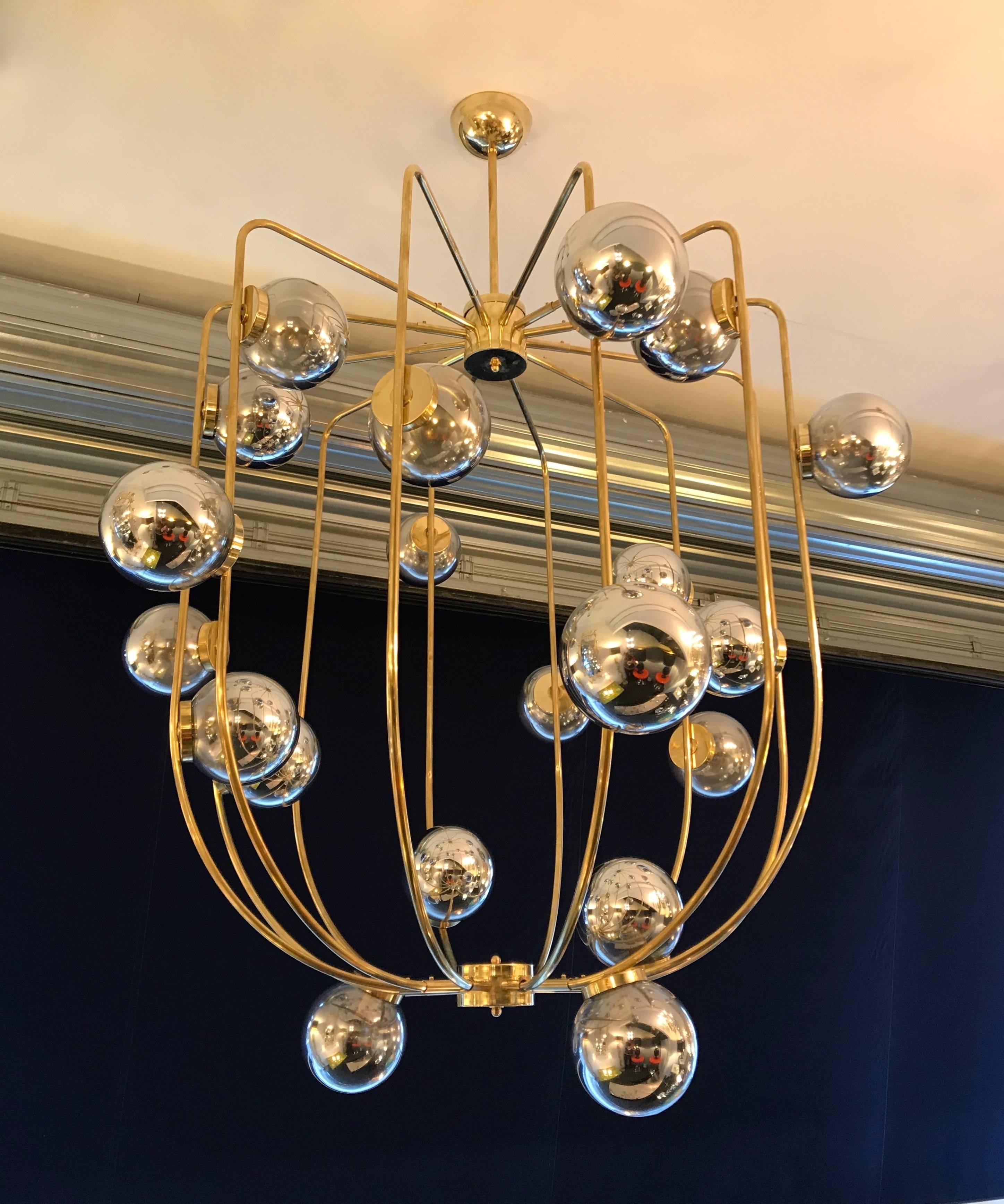 Contemporary Brass Chandelier Cage Murano Opaline Ball, Italy 2