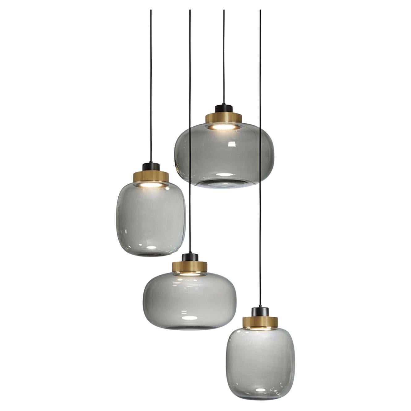 Contemporary Brass Chandelier 'Legier' by Tooy, 4 Pendants, Smoke Glass For Sale