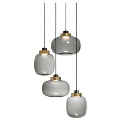 Contemporary Brass Chandelier 'Legier' by Tooy, 4 Pendants, Smoke Glass