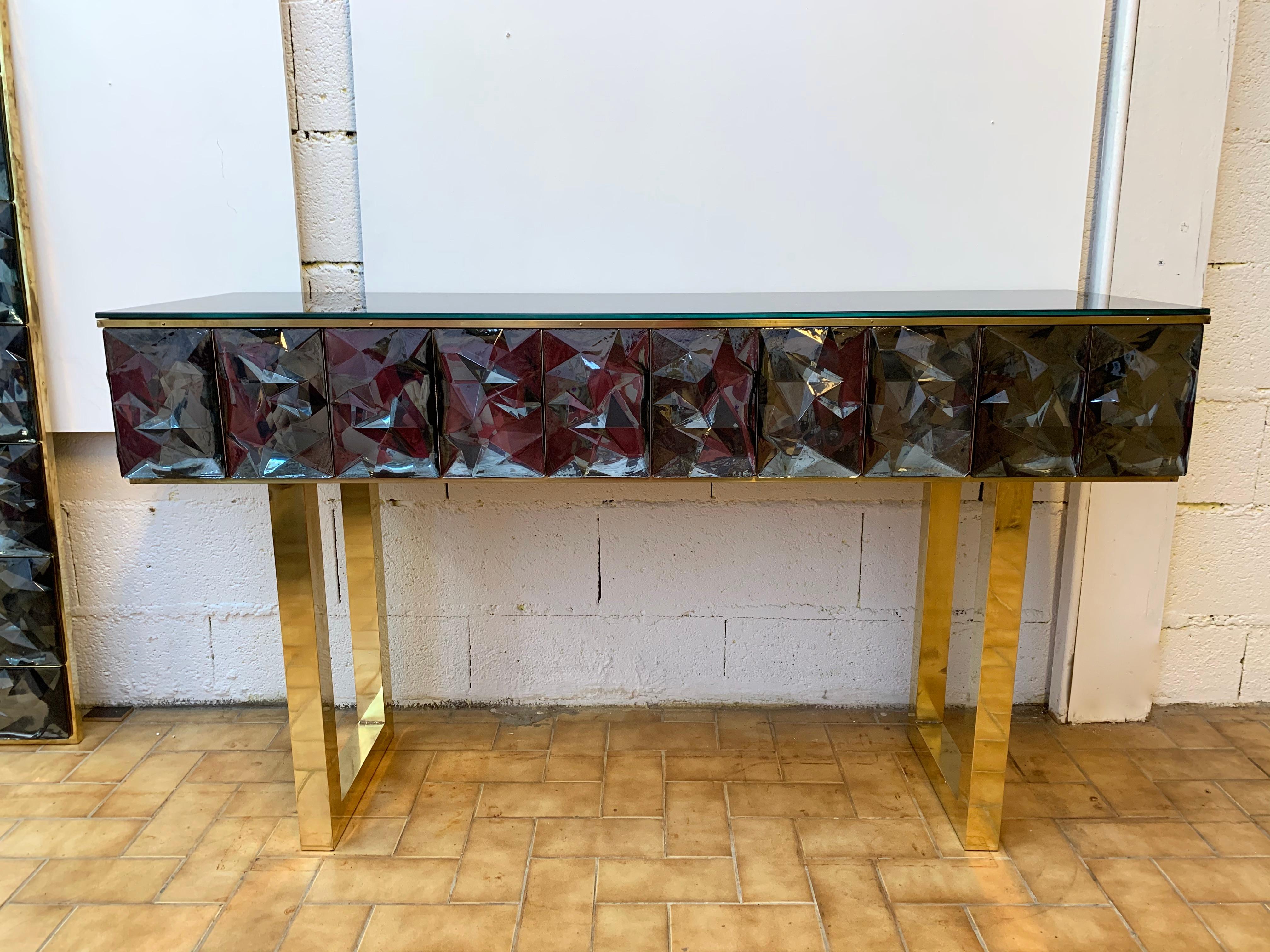 Mid-Century Modern Contemporary Brass Console Grey Murano Glass, Italy For Sale
