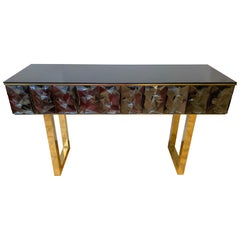 Contemporary Brass Console Grey Murano Glass, Italy