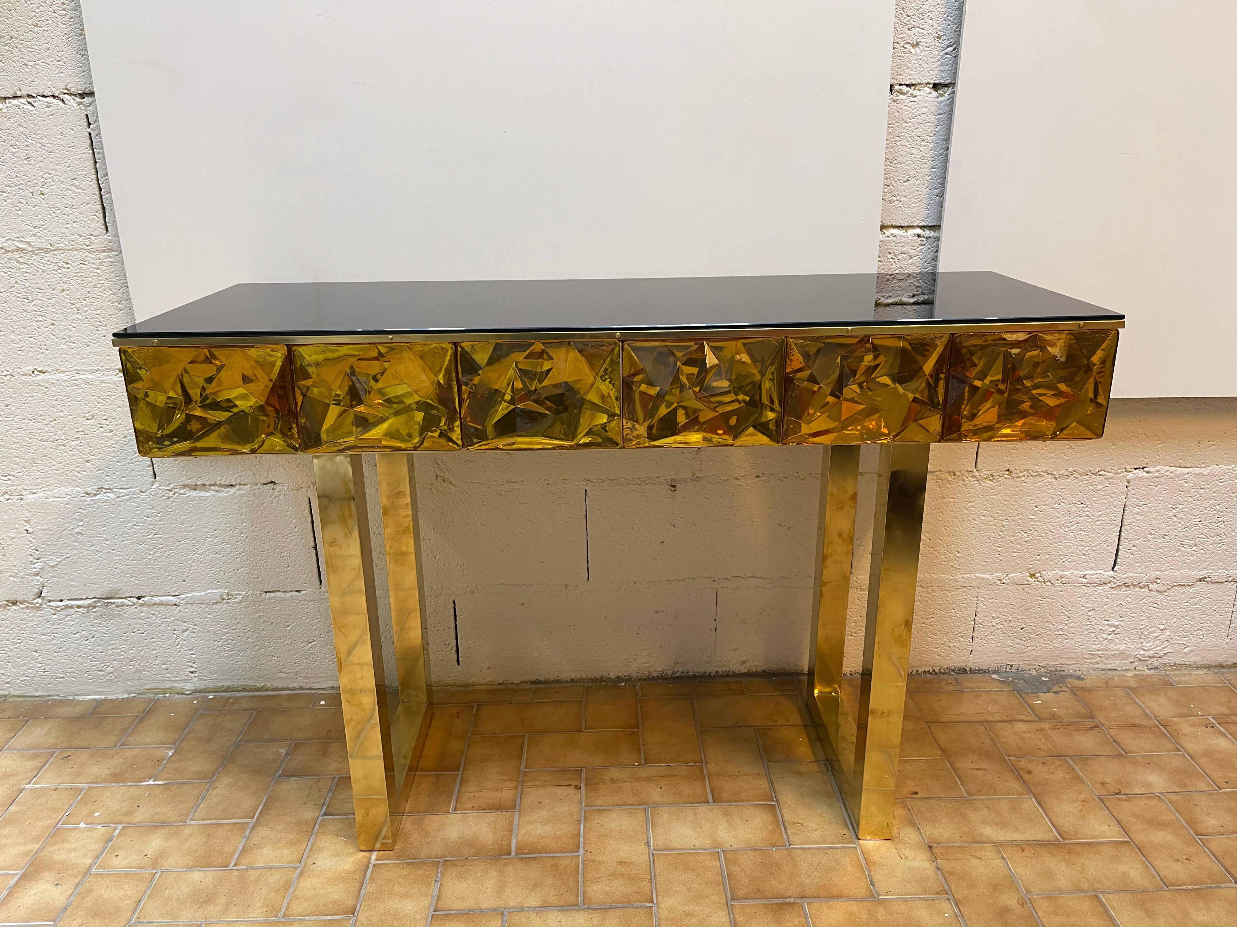 Mid-Century Modern Contemporary Brass Console Murano Glass, Italy For Sale