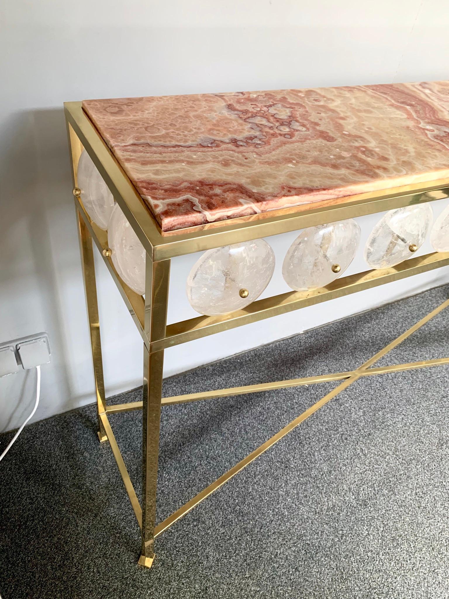 Contemporary Brass Console Rock Crystal Onix, Italy For Sale 2