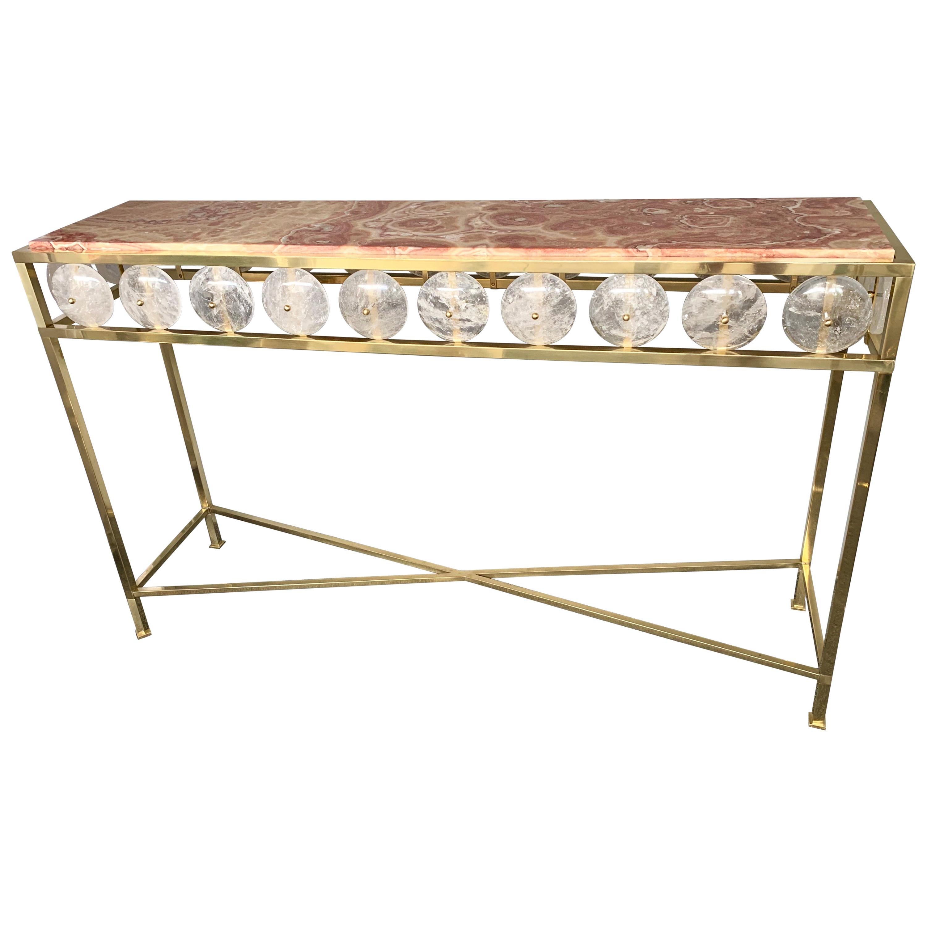 Contemporary Brass Console Rock Crystal Onix, Italy For Sale