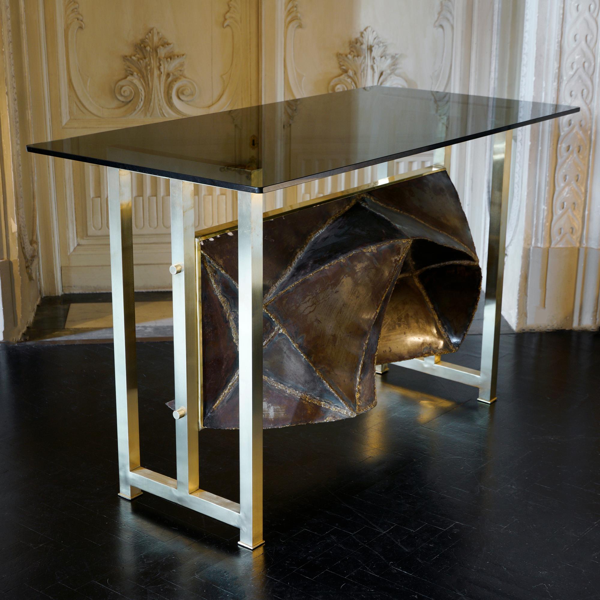 Brutalist Contemporary Brass Console with 1970s Aluminum Frieze, Glass Top, Italy, 2019 For Sale