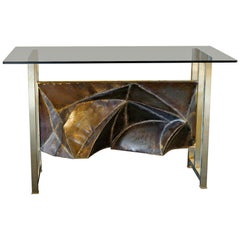 Contemporary Brass Console with 1970s Aluminum Frieze, Glass Top, Italy, 2019