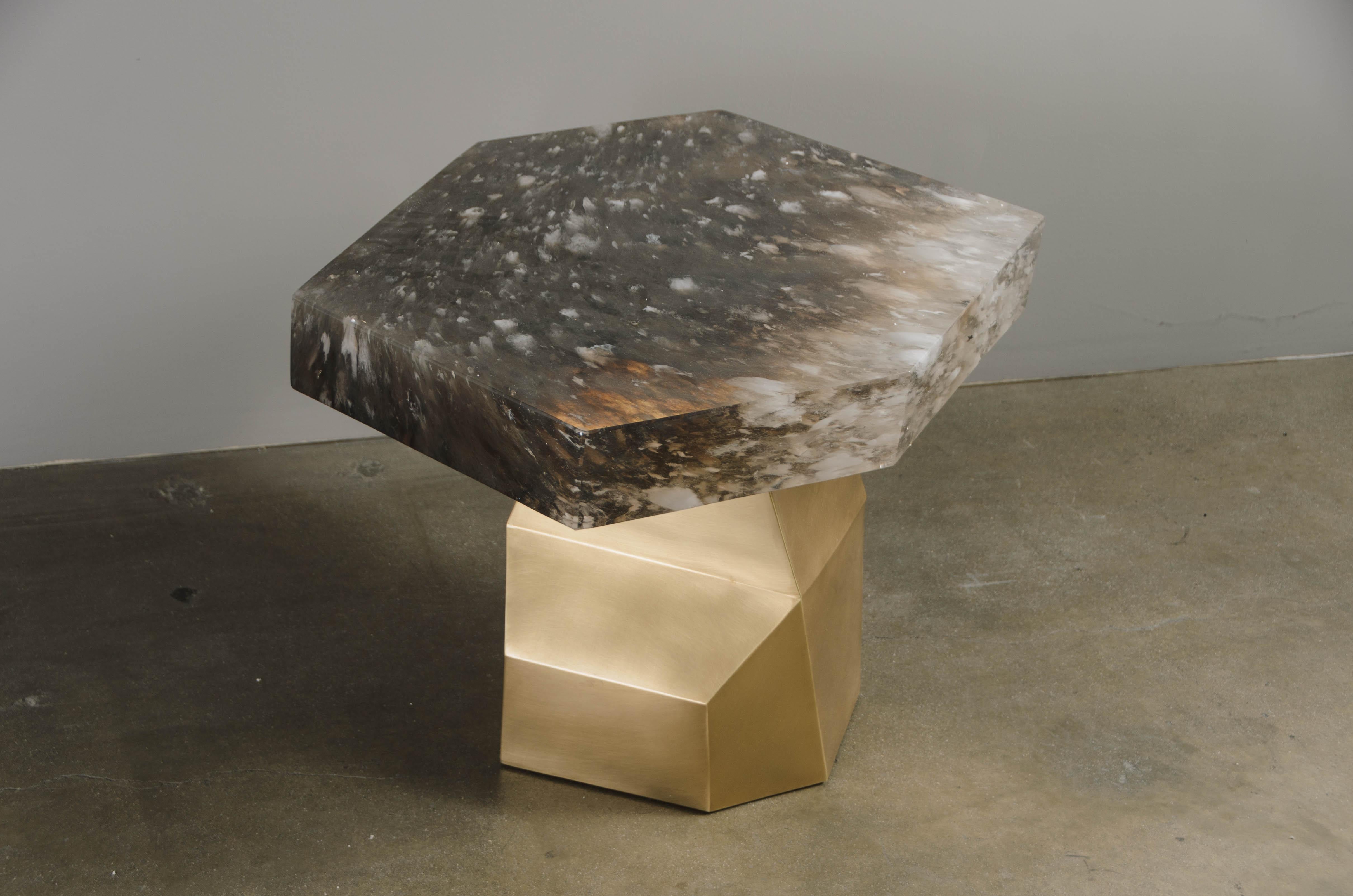 Hand-Carved Contemporary Brass Facet Side Table w/ Smoke Crystal Top by Robert Kuo For Sale