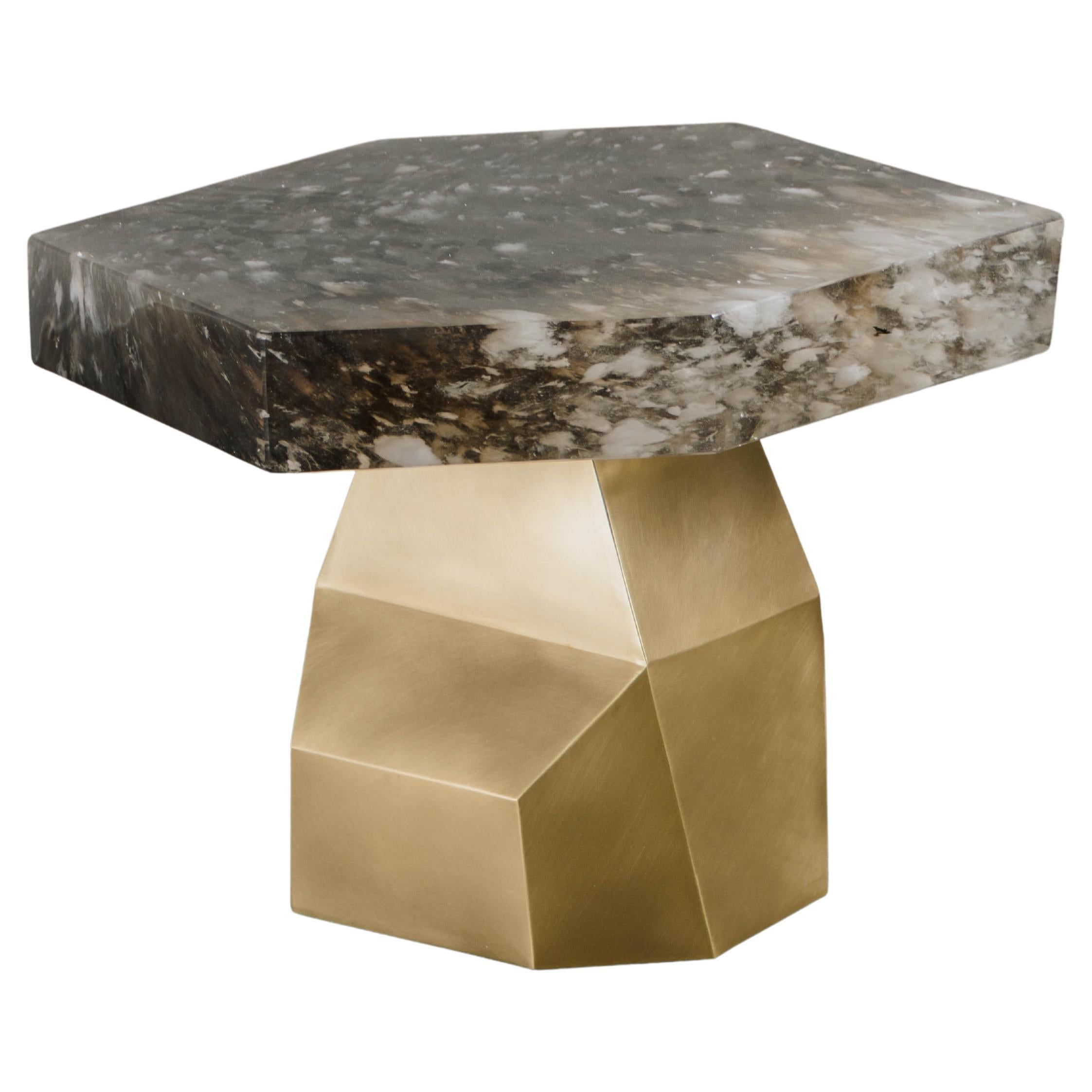 Contemporary Brass Facet Side Table w/ Smoke Crystal Top by Robert Kuo For Sale