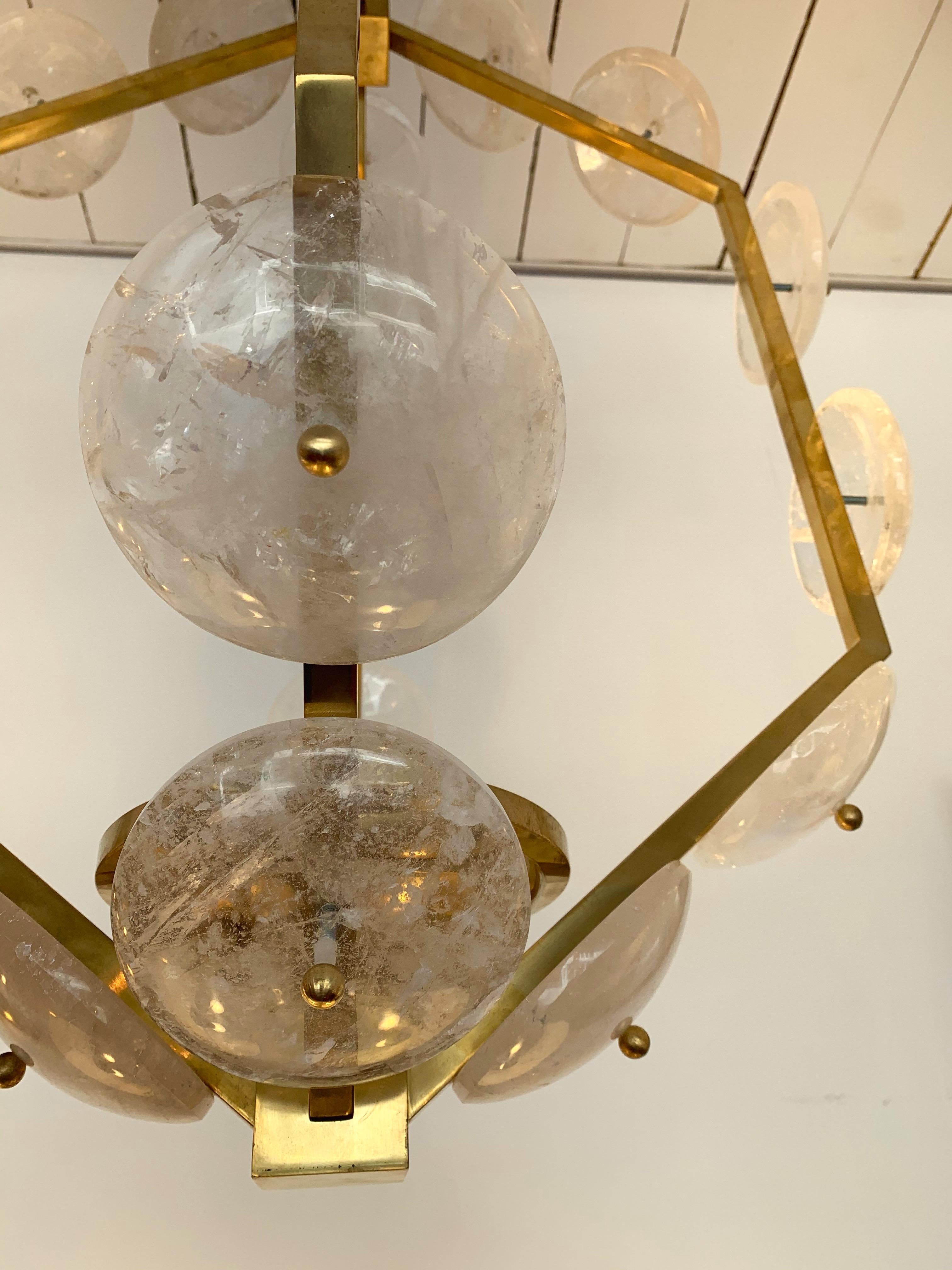 Brass and massive rock crystal pieces for this lantern chandelier ceiling pendant light. Contemporary work from a small Italian workshop. Neoclassical rococo inspiration revisited.

Measurements indicated Lantern only (+ chain adjustable 100