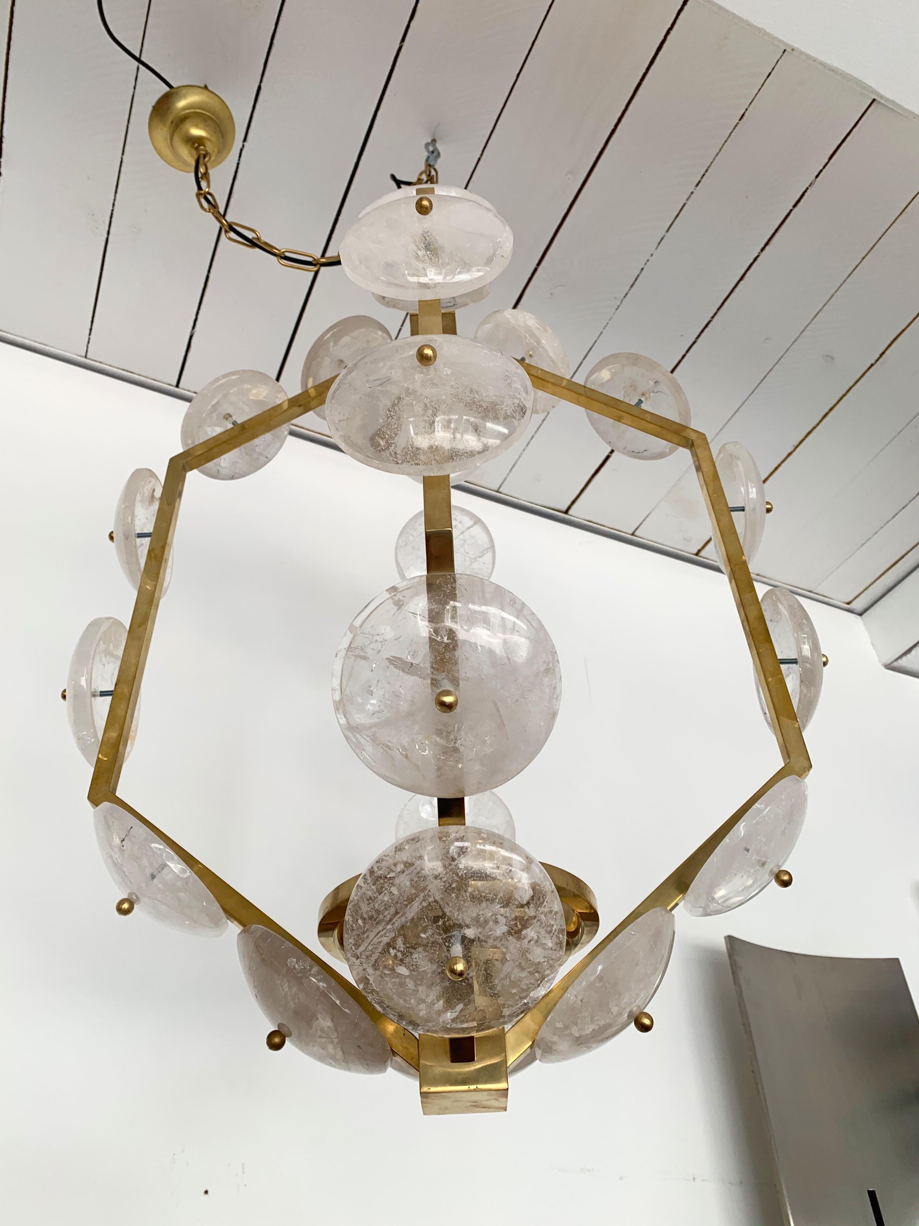 Neoclassical Contemporary Brass Lantern Chandelier Rock Crystal, Italy