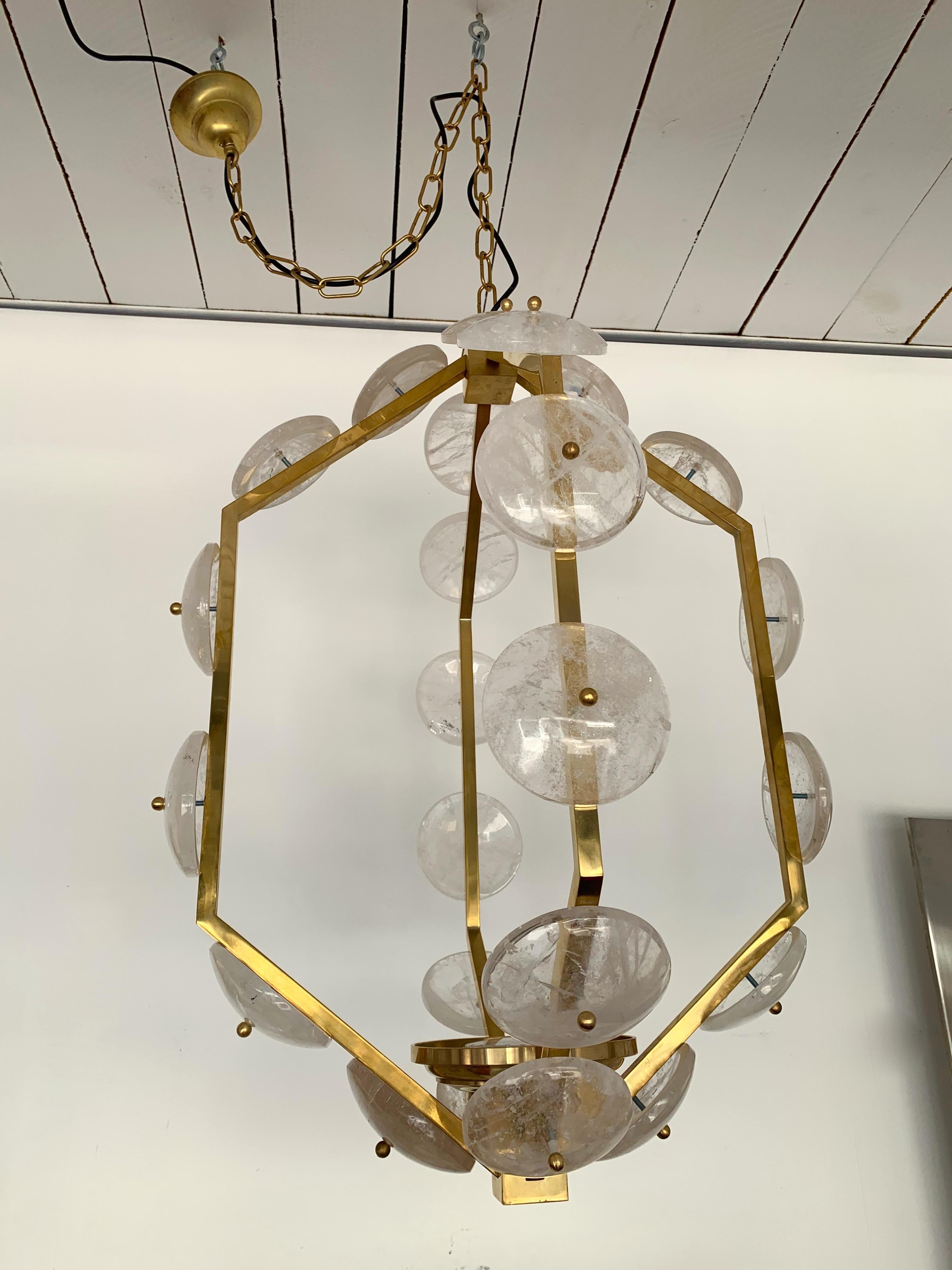 Italian Contemporary Brass Lantern Chandelier Rock Crystal, Italy