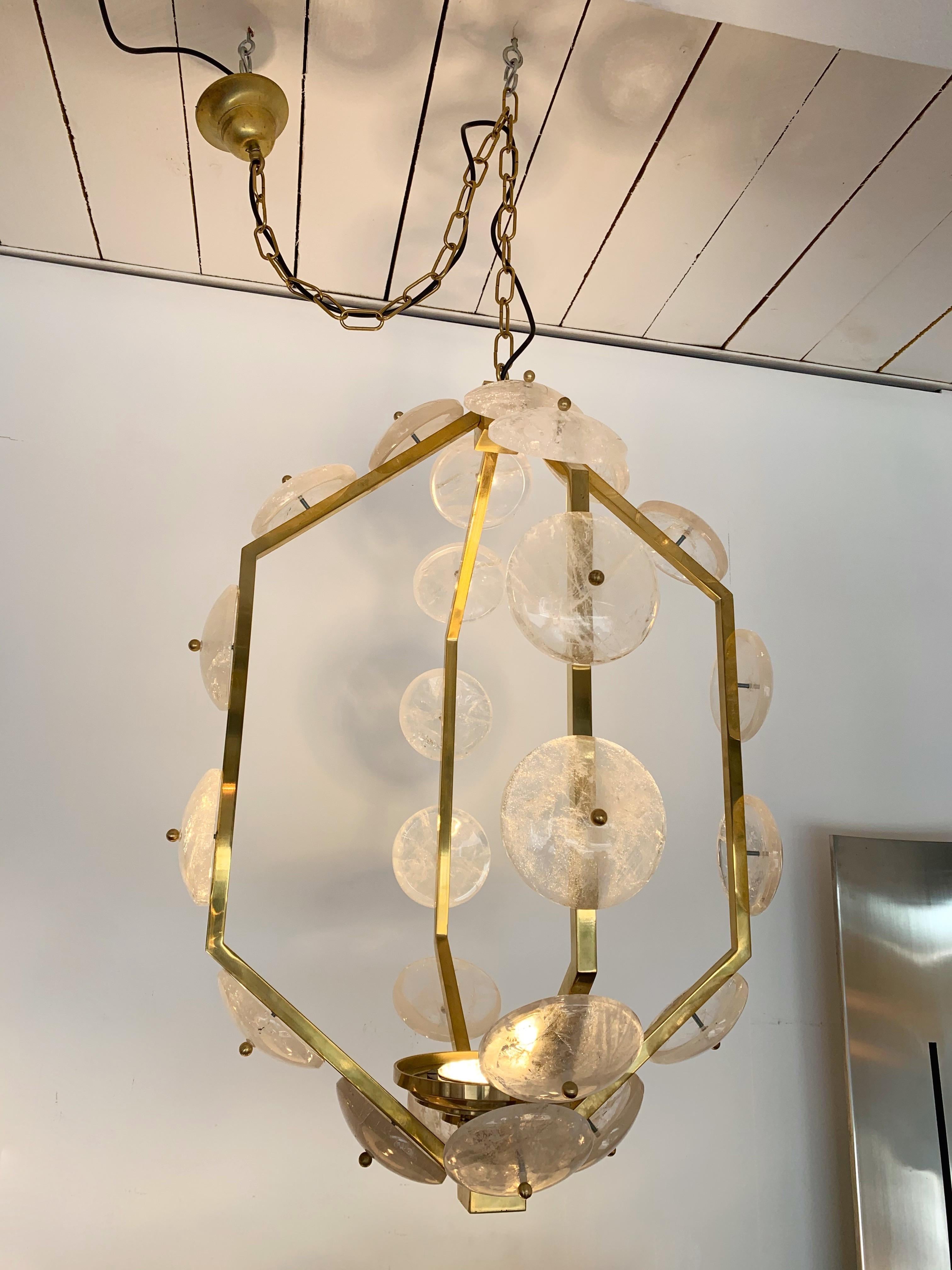 Contemporary Brass Lantern Chandelier Rock Crystal, Italy 2