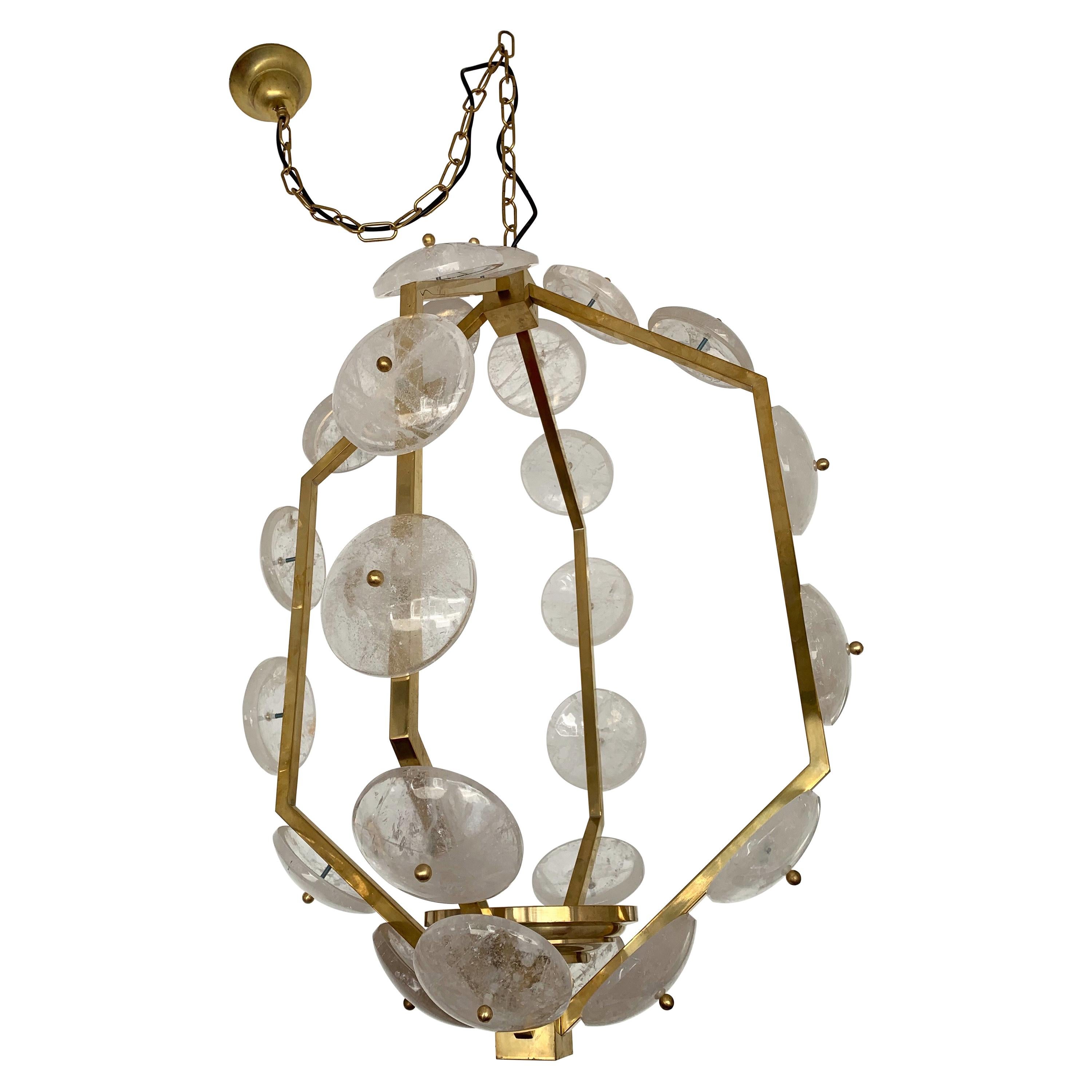 Contemporary Brass Lantern Chandelier Rock Crystal, Italy