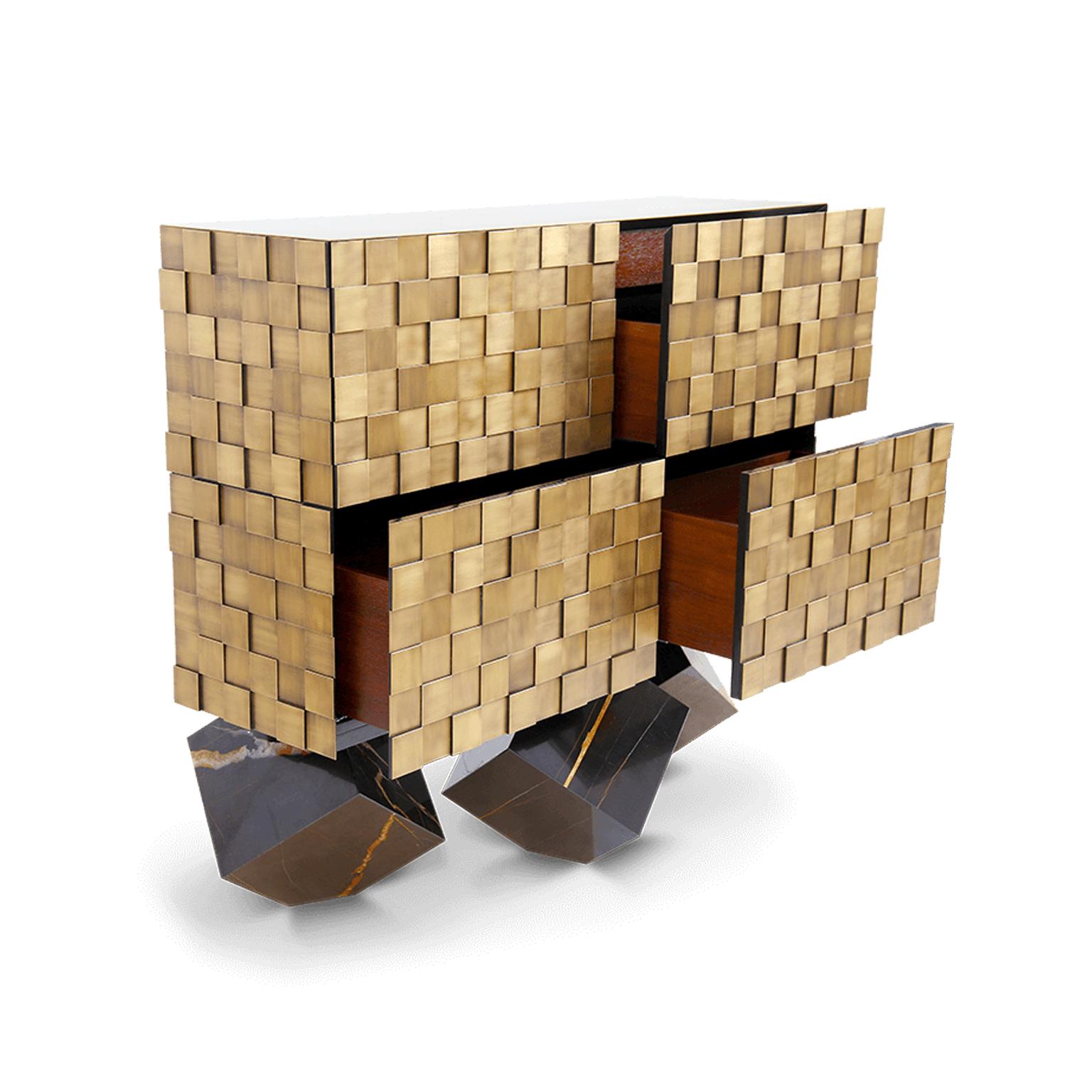 Modern Contemporary Brass Marble Sideboard with leather For Sale