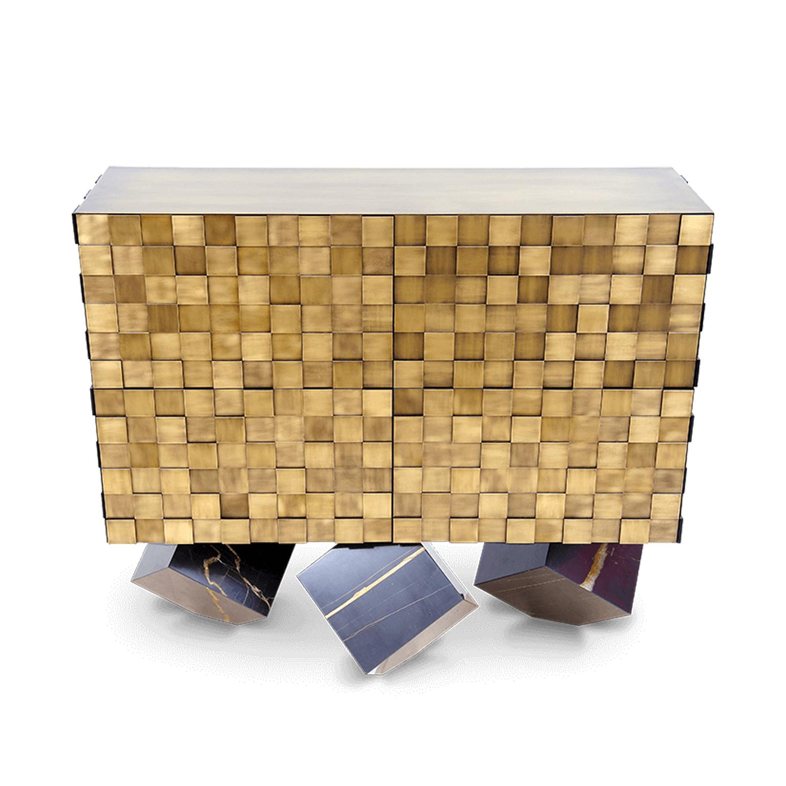 Leather Contemporary Brass Marble Sideboard with leather For Sale