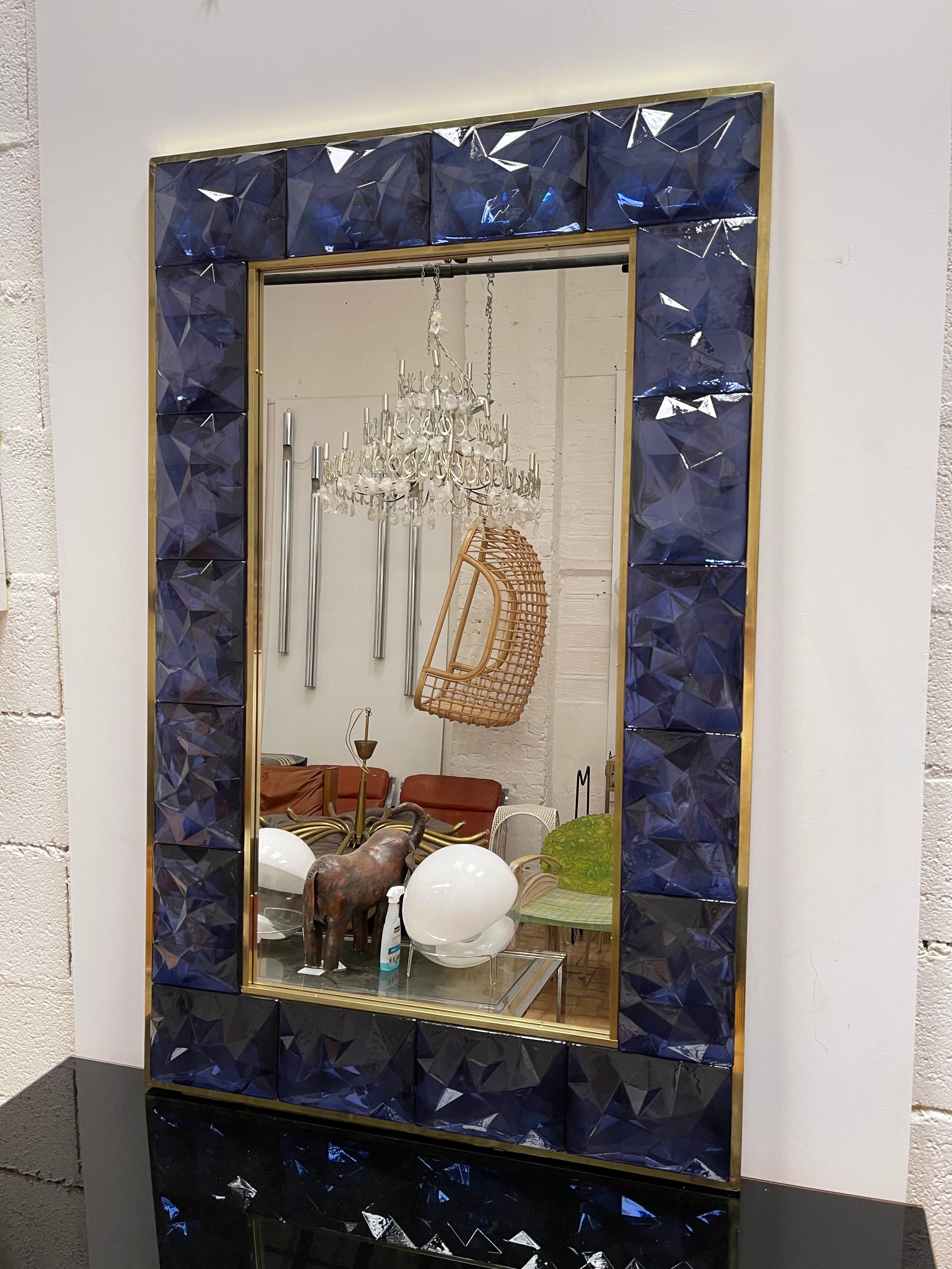 Contemporary Brass Mirror Blue Murano Glass, Italy For Sale 6