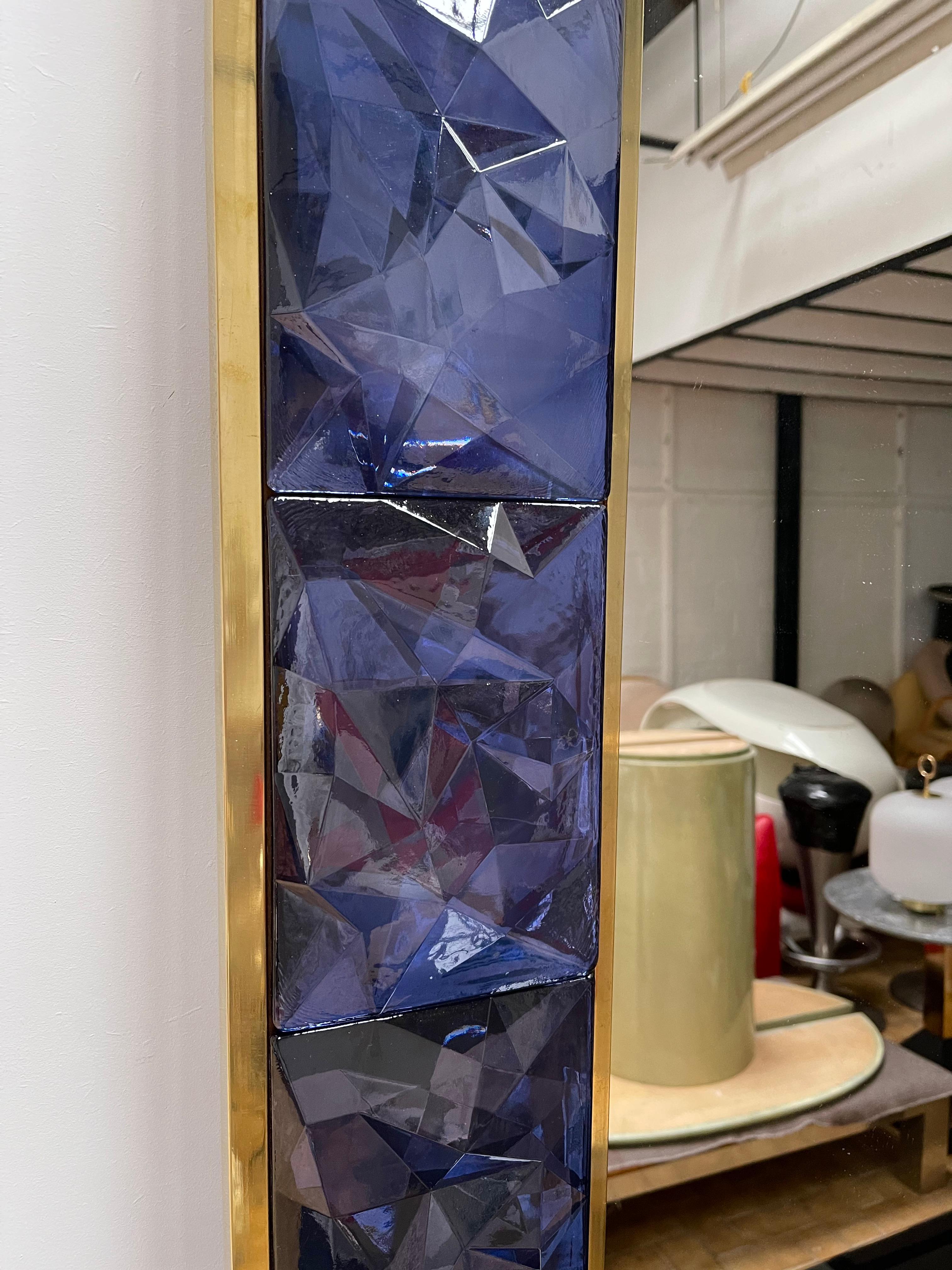 Italian Contemporary Brass Mirror Blue Murano Glass, Italy For Sale