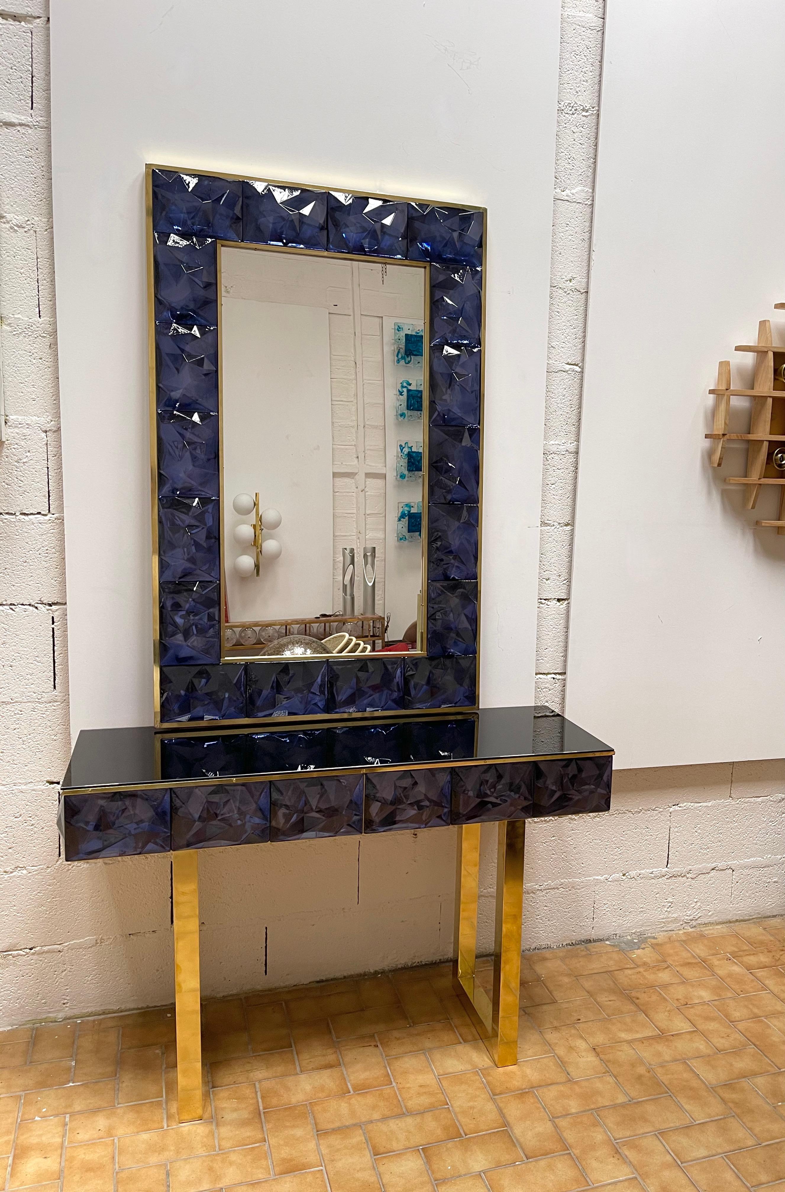 Contemporary Brass Mirror Blue Murano Glass, Italy For Sale 4