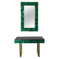 Contemporary Brass Mirror and Console Set Murano Glass, Italy